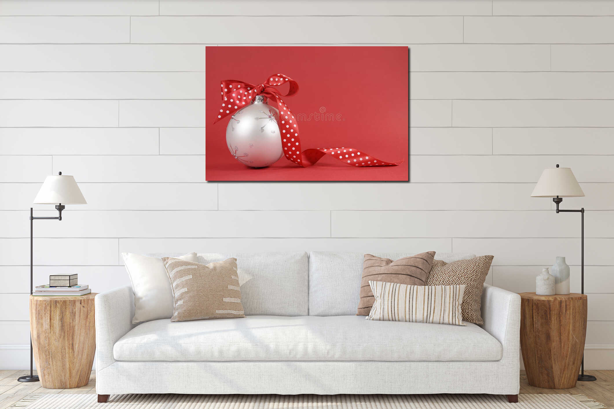 Close up of beautiful white Christmas tree ornament with red polka dot ribbon on red background interior mockup