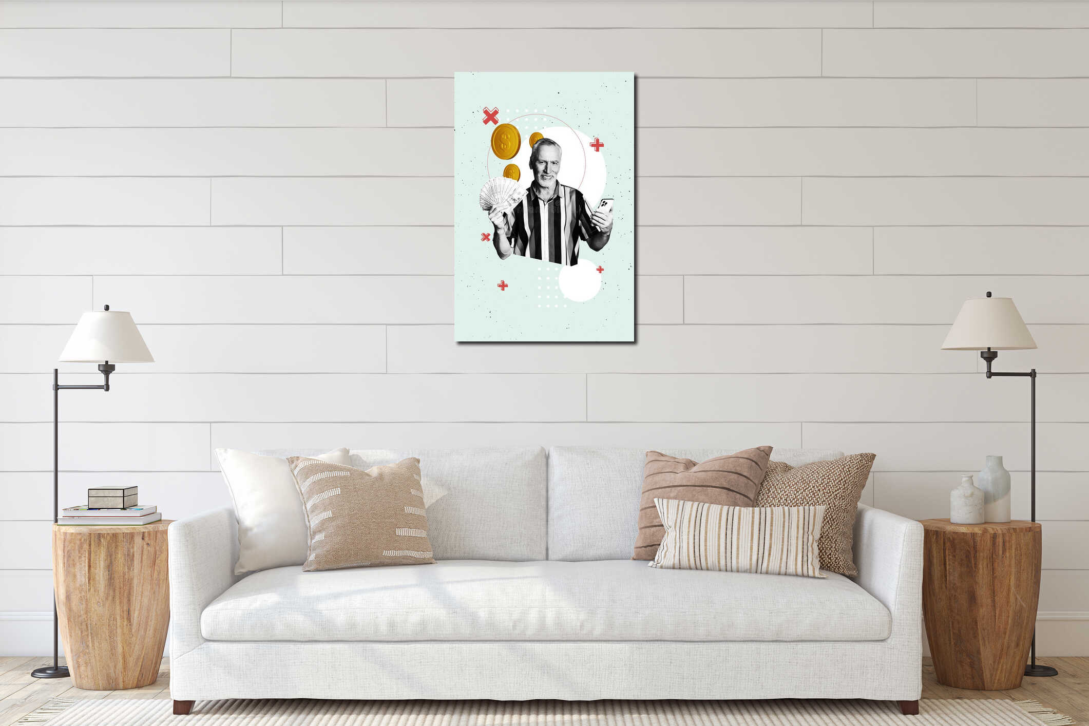 Template sketch composite artwork collage of aged man smie hand hold phone money cash coins success salary rich bank interior mockup