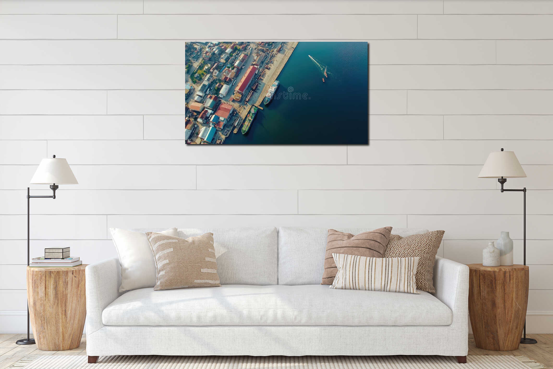 Aerial view of a harbor city with ships and boats interior mockup
