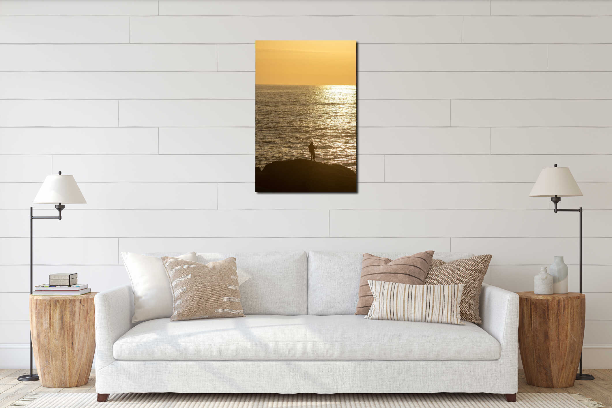 Sunset silhouette of a fisherman on the rugged Atlantic cliffs at MuxÃ­a Lighthouse, Galicia, Spain. interior mockup
