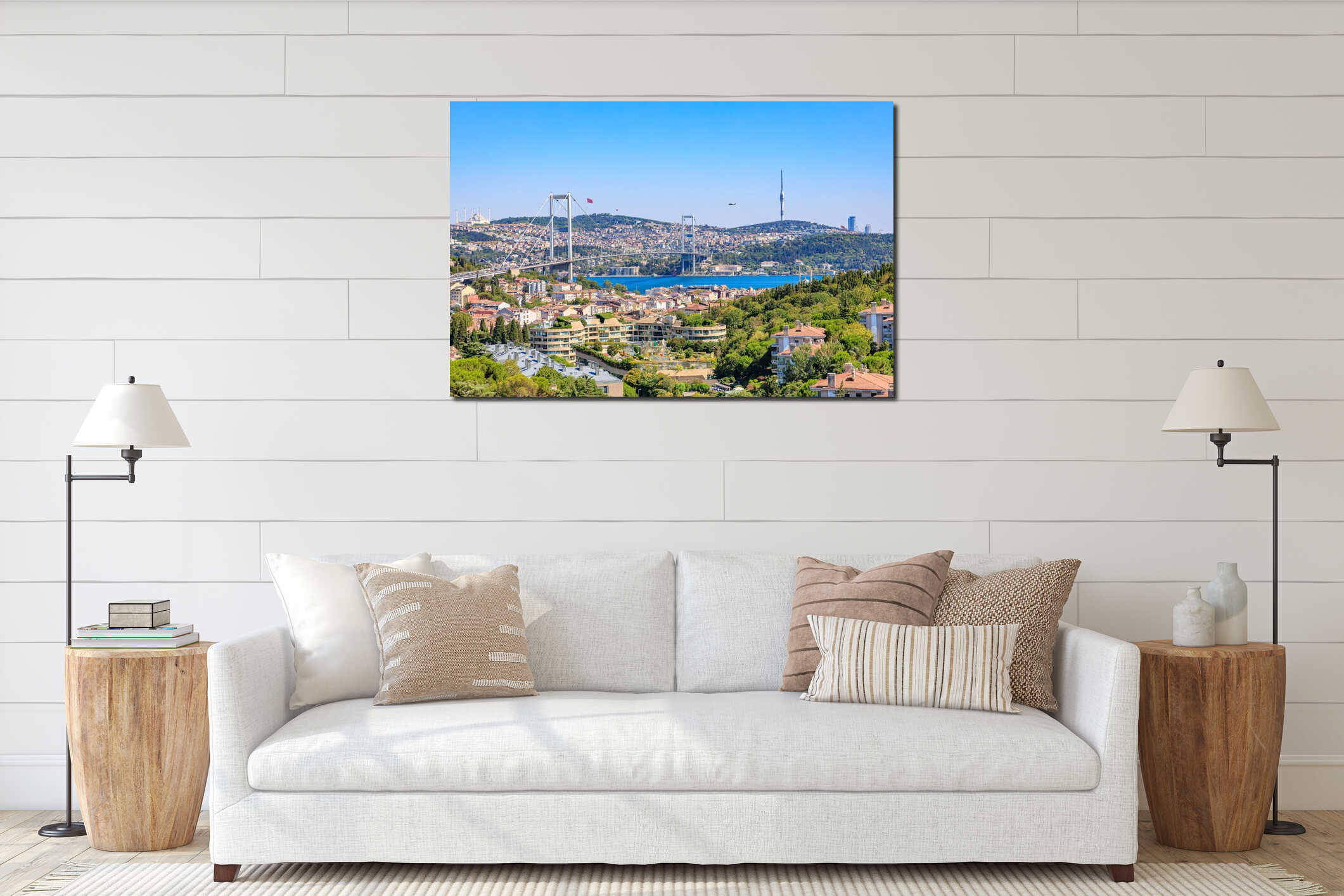 Panoramic view of bosphorus bridge and istanbul cityscape under clear blue sky interior mockup