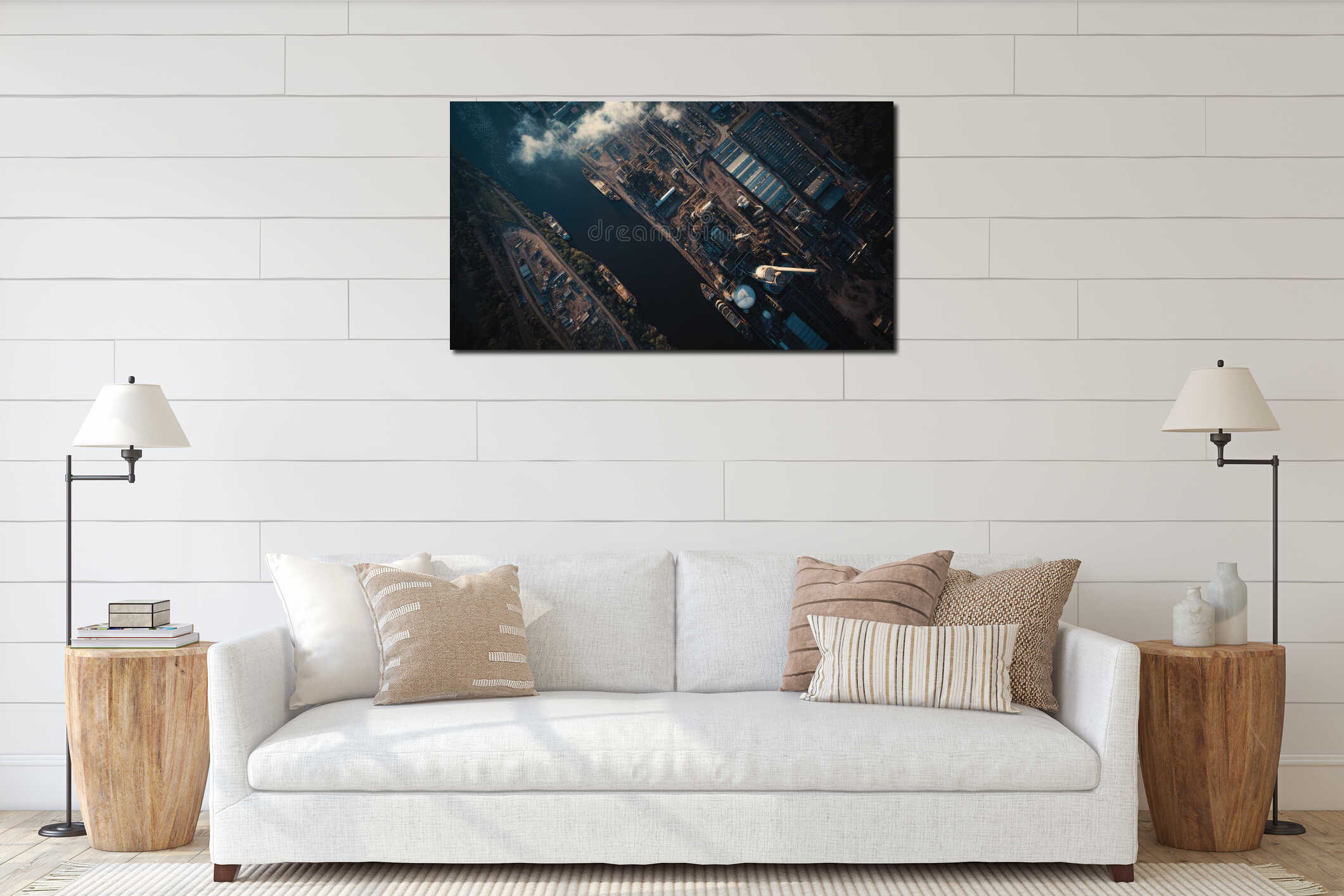 Industrial manufacturing complex bordering river with cargo ships interior mockup