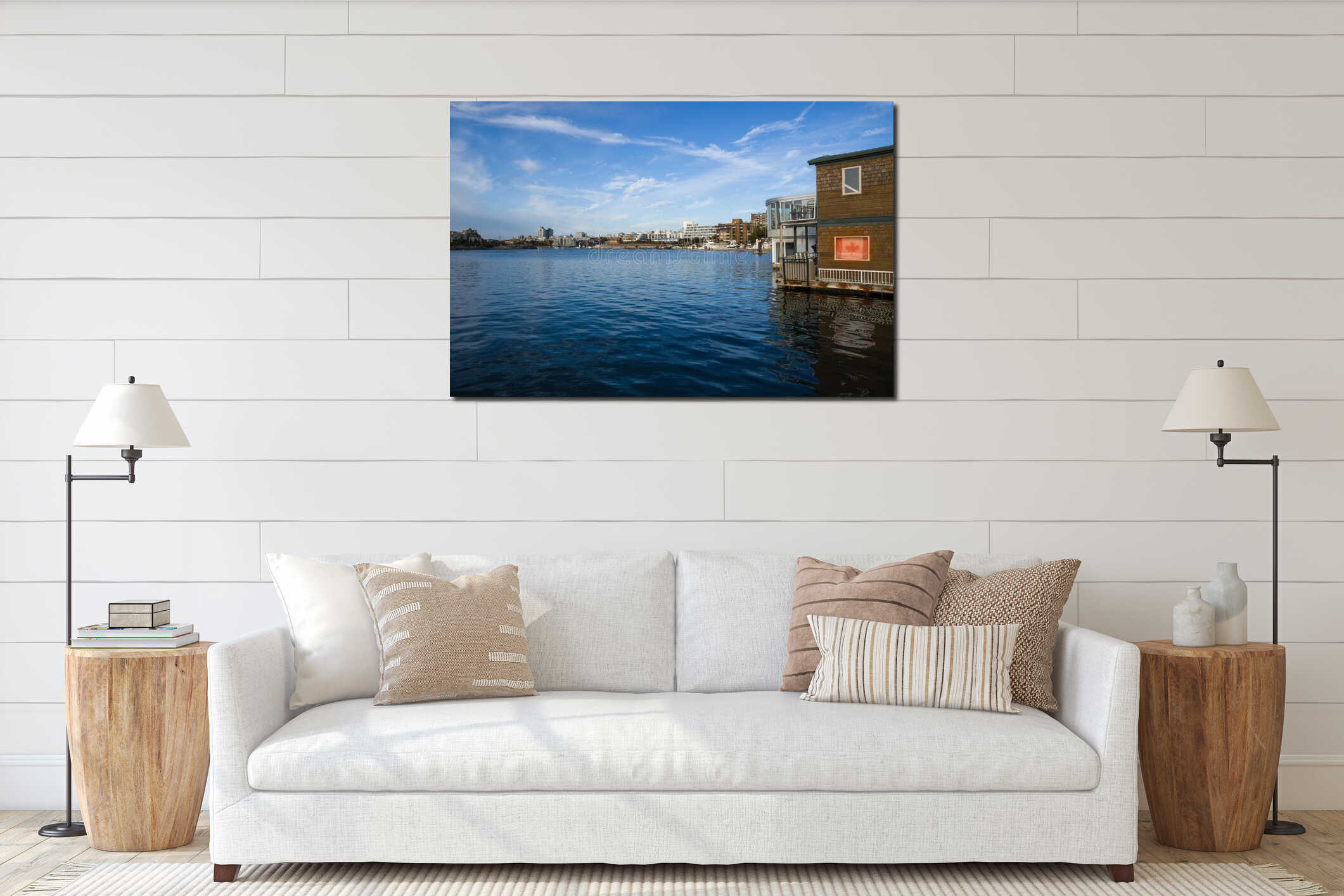 Fisherman wharf Victoria Canada. Waterfront scene with calm water and blue sky. interior mockup