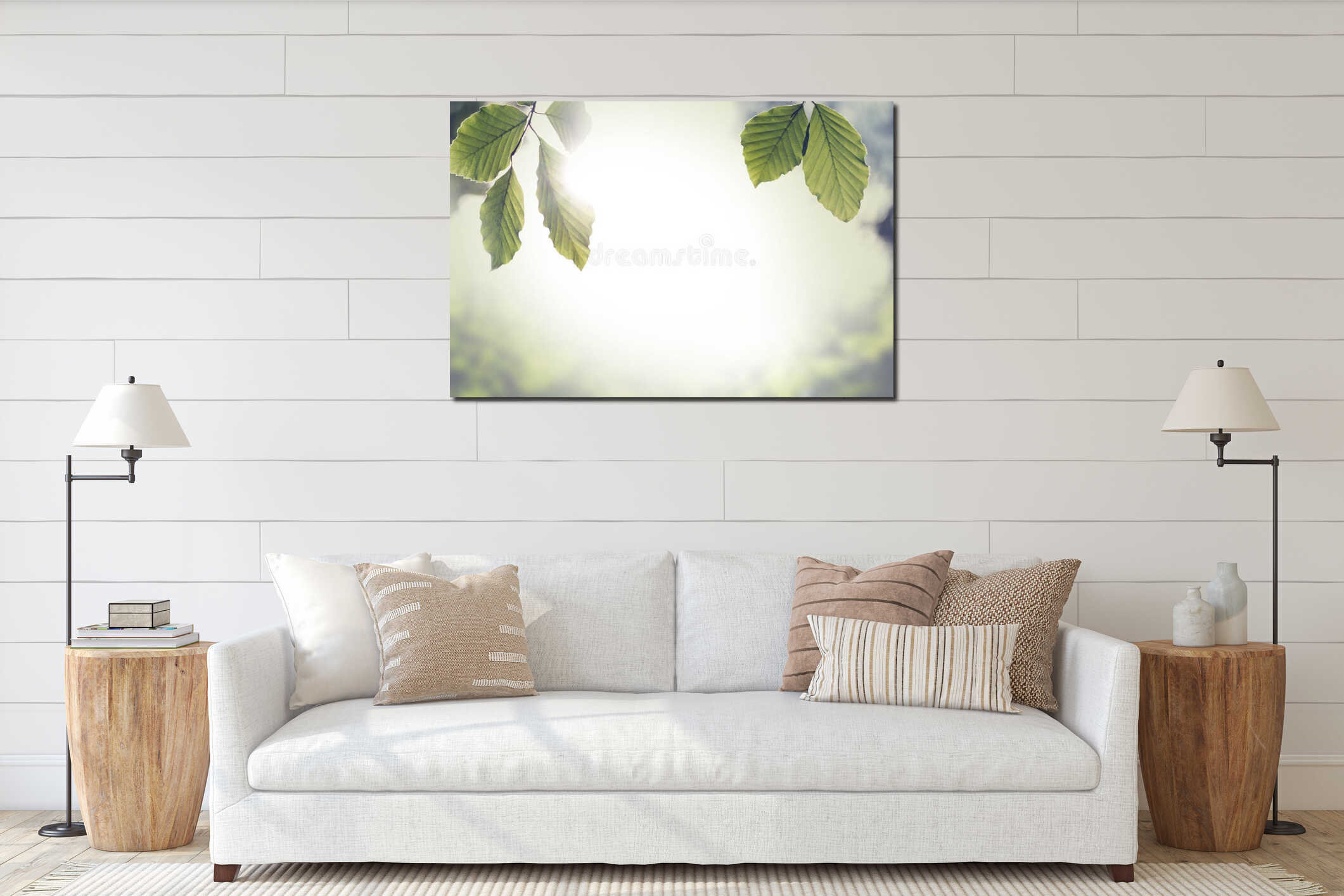 Fresh green spring leaves with sun flare interior mockup