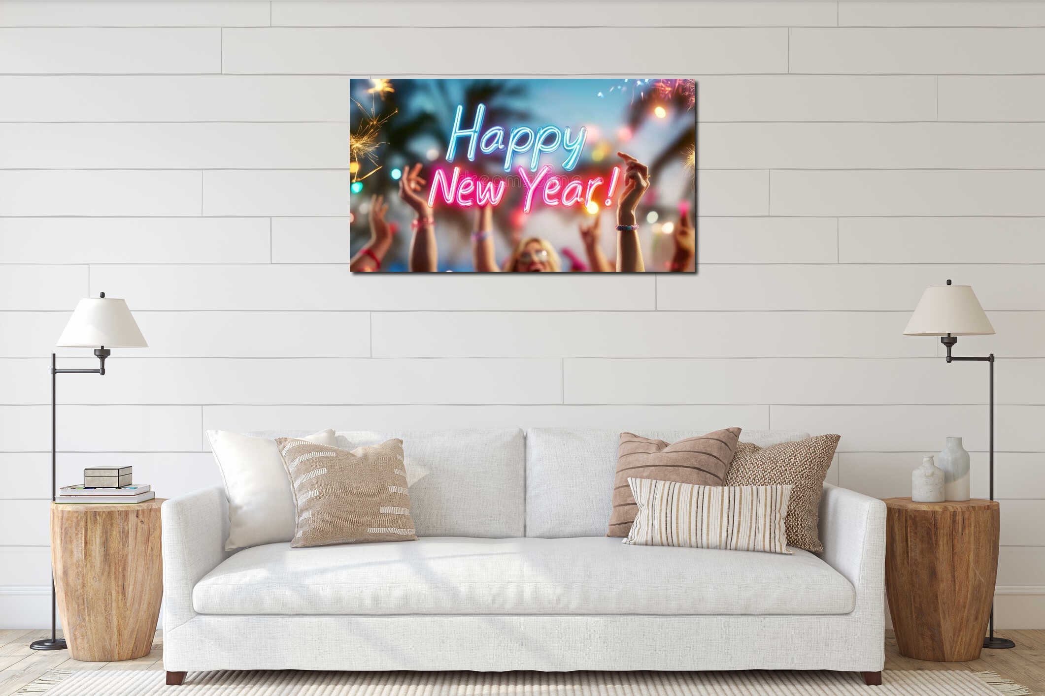 Happy new year celebration at tropical beach party with friends and festive lights interior mockup