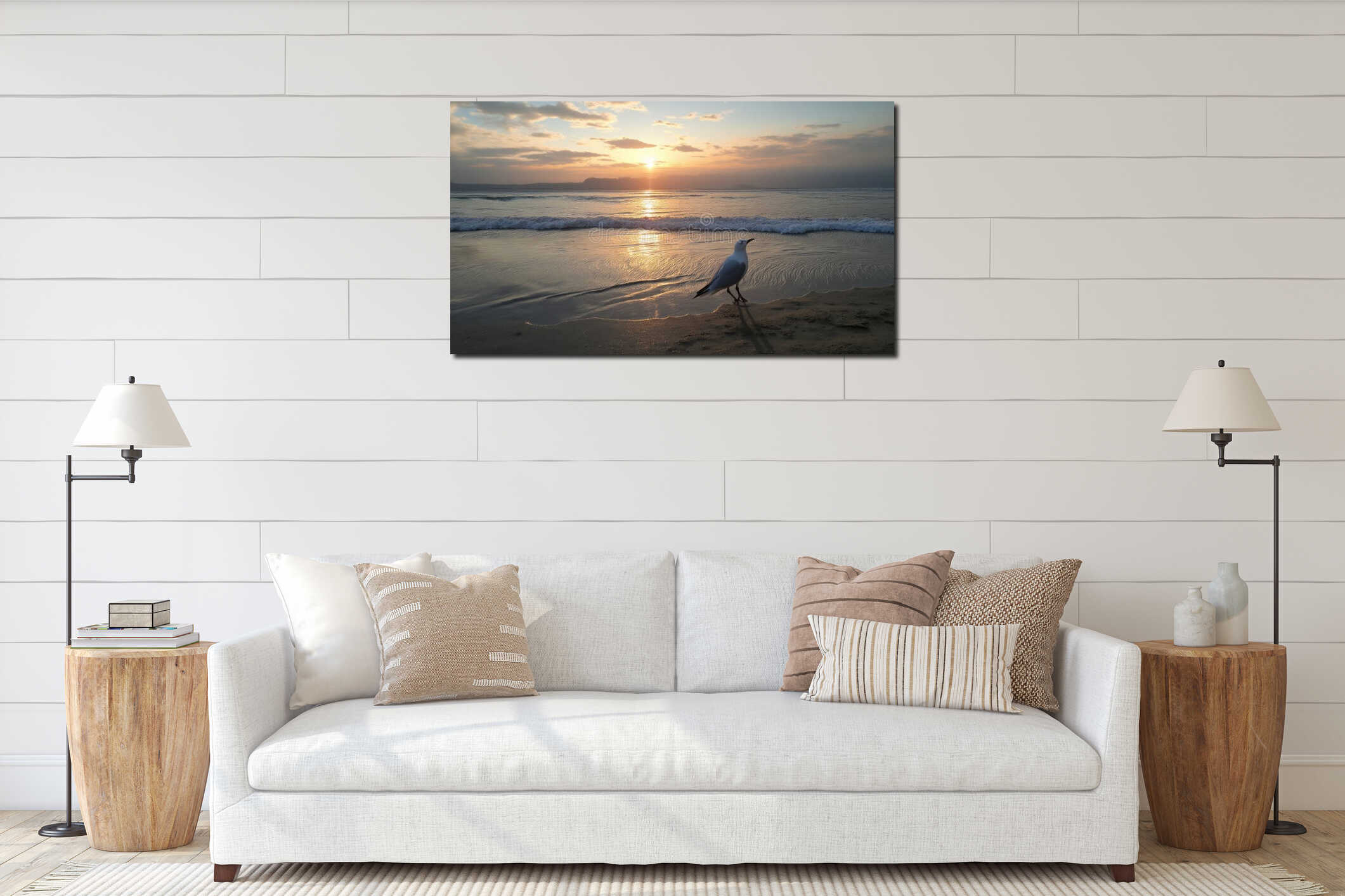 Seagull walking along the shore at sunset interior mockup