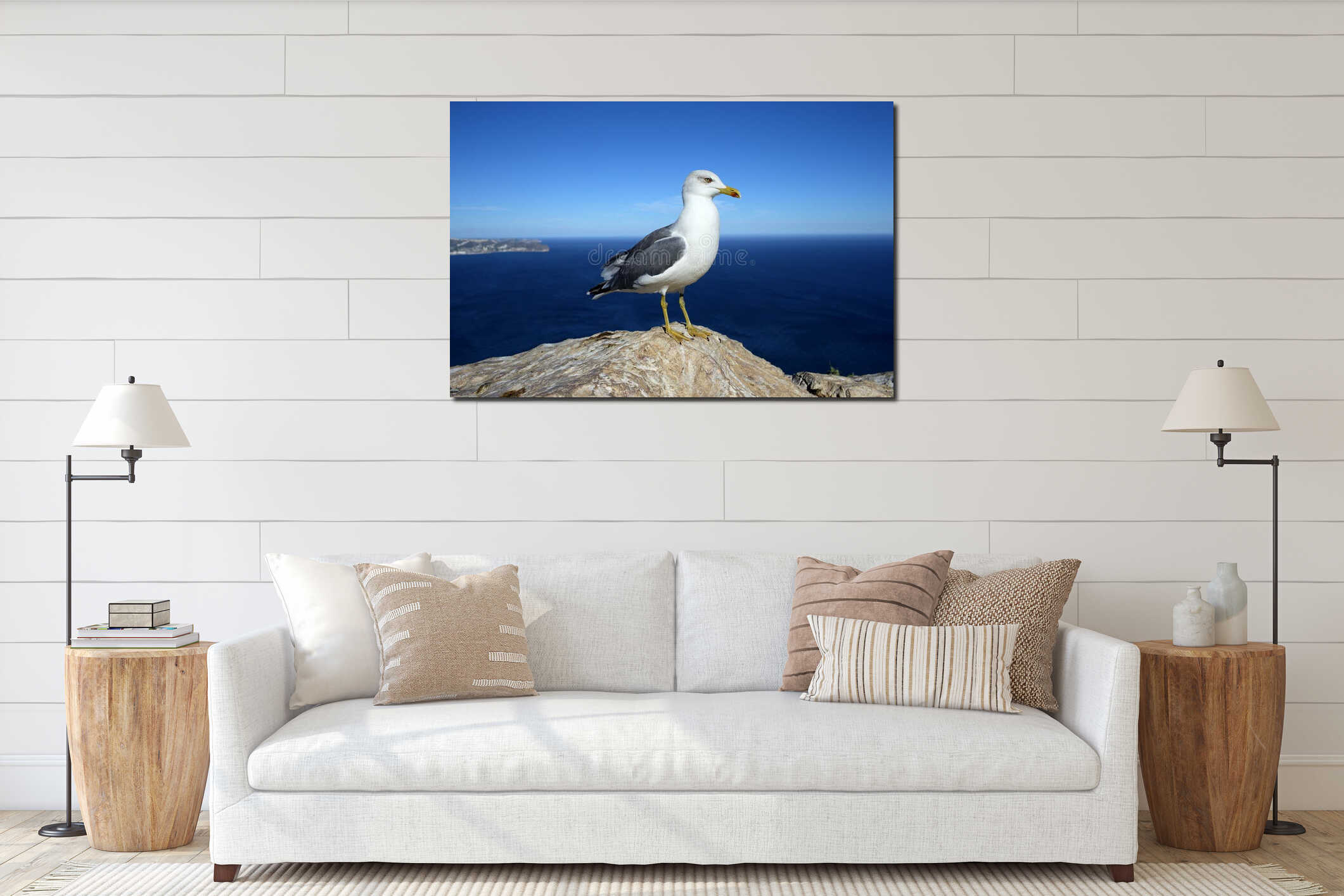 Seagull on a rock by the sea interior mockup