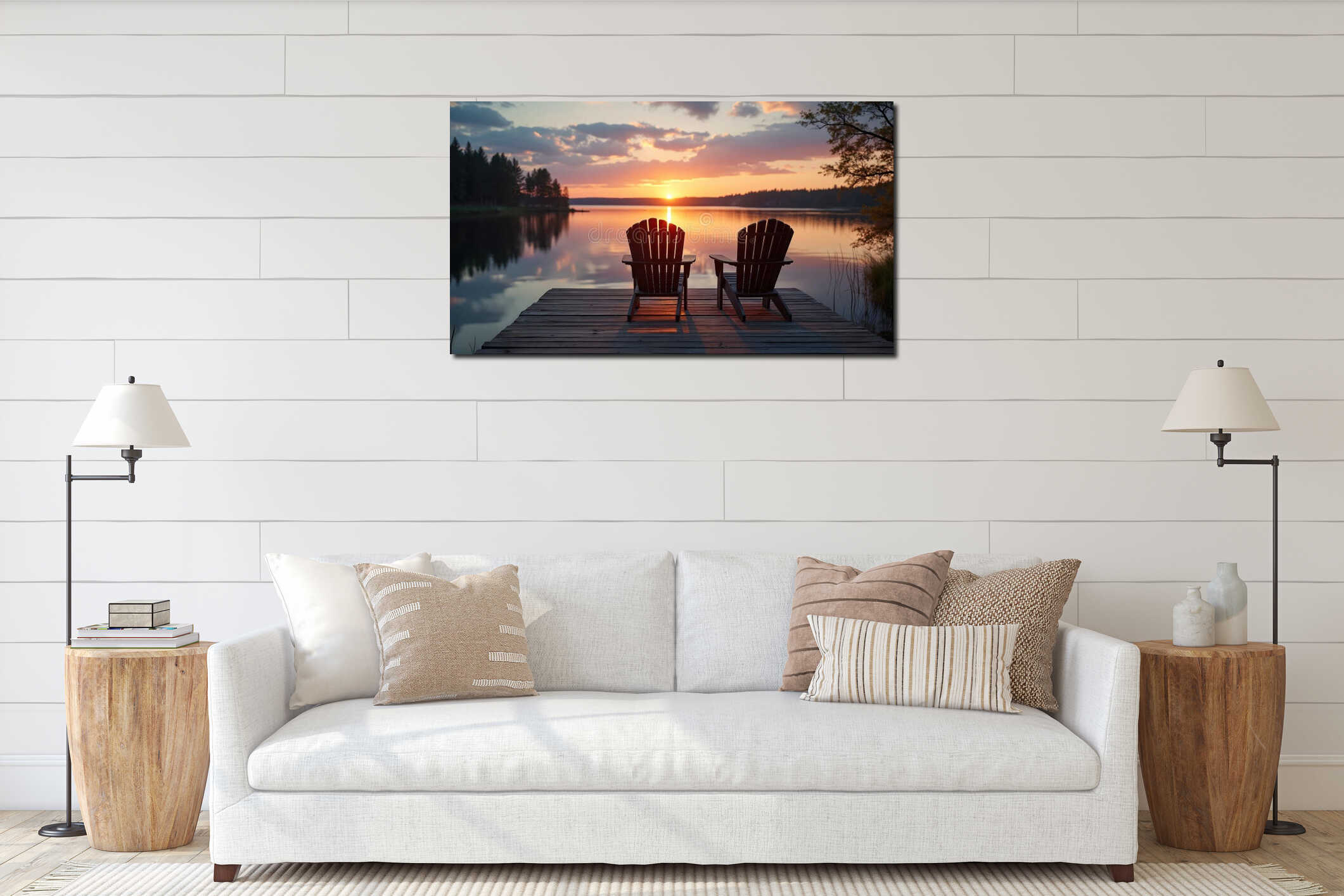 Two wooden chairs on a pier face calm lake water at vibrant sunset. Forest silhouettes line distant shore. Peaceful evening interior mockup