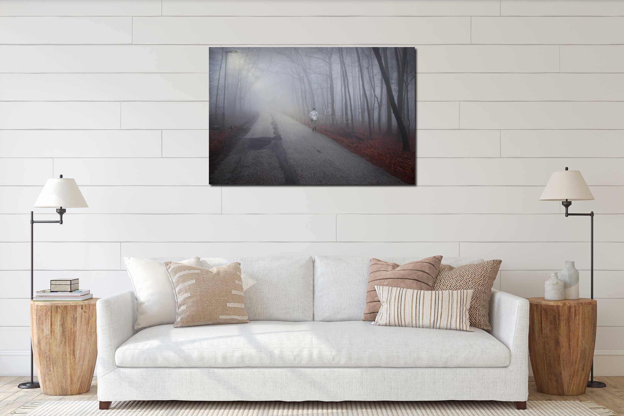 Woman Is Walking on Misty Forest Road interior mockup