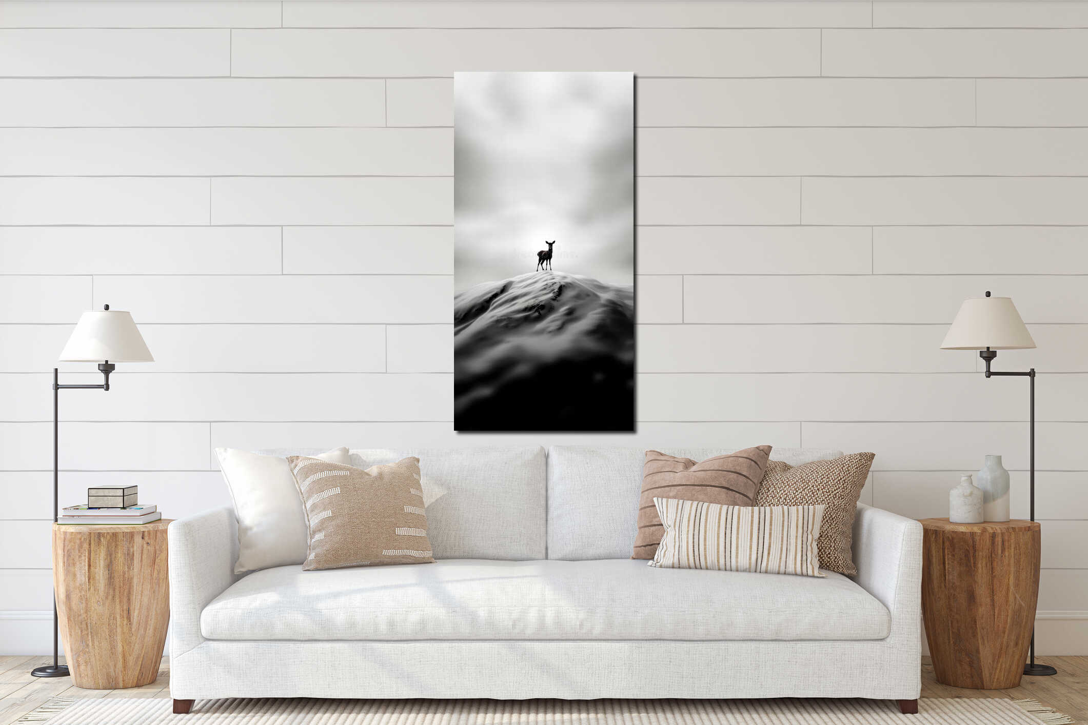 Solitary deer standing on snowy hill under cloudy sky in winter landscape interior mockup