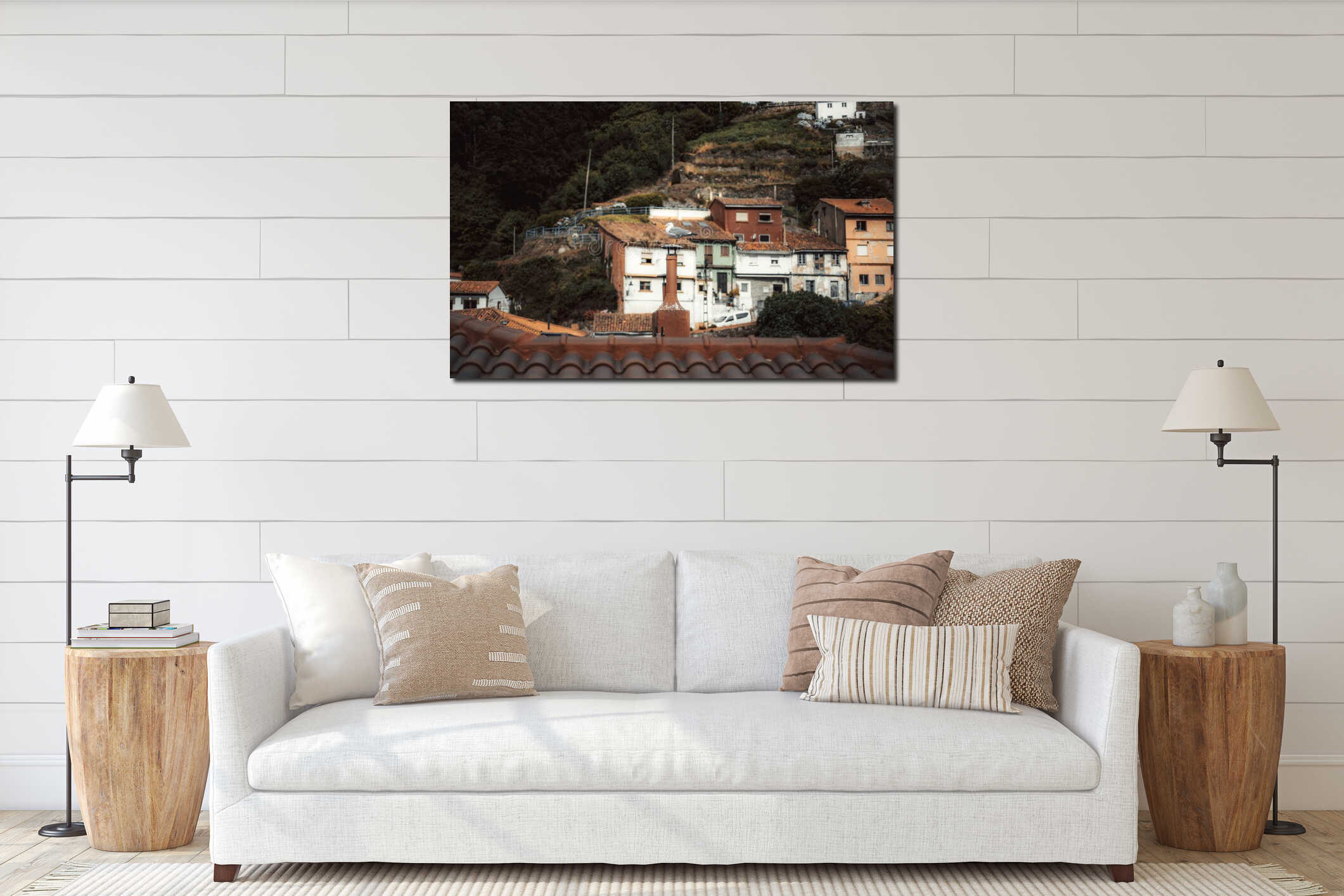 Seagull on Cudillero rooftop interior mockup