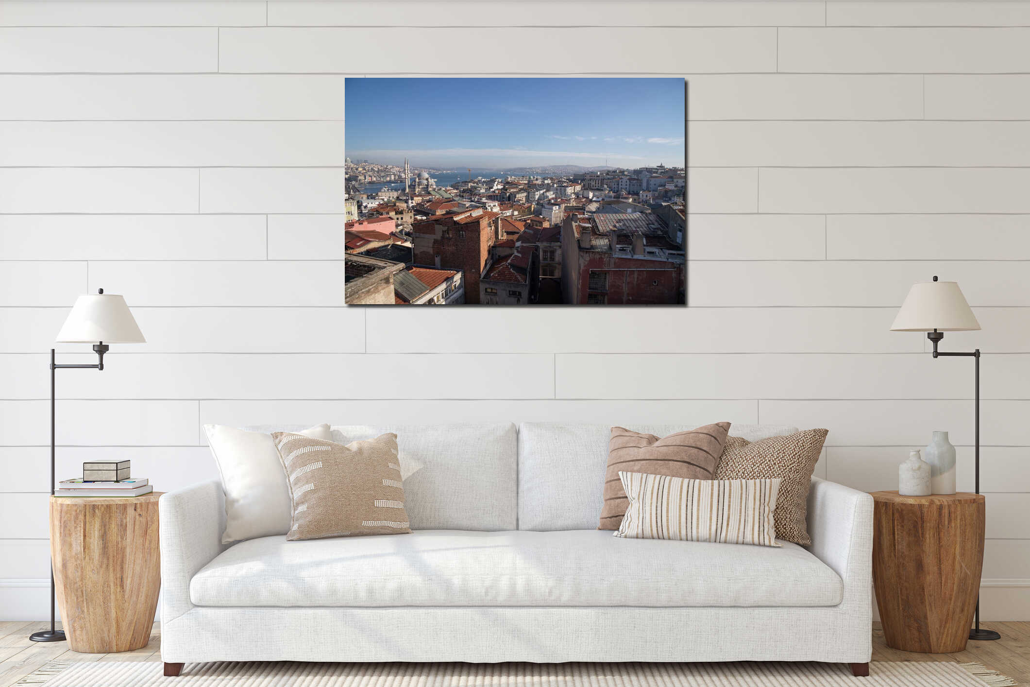 Istanbul Skyline Panoramic View Turkey Cityscape: Architectural rooftops overlooking Bosphorus, showcasing historical urban interior mockup