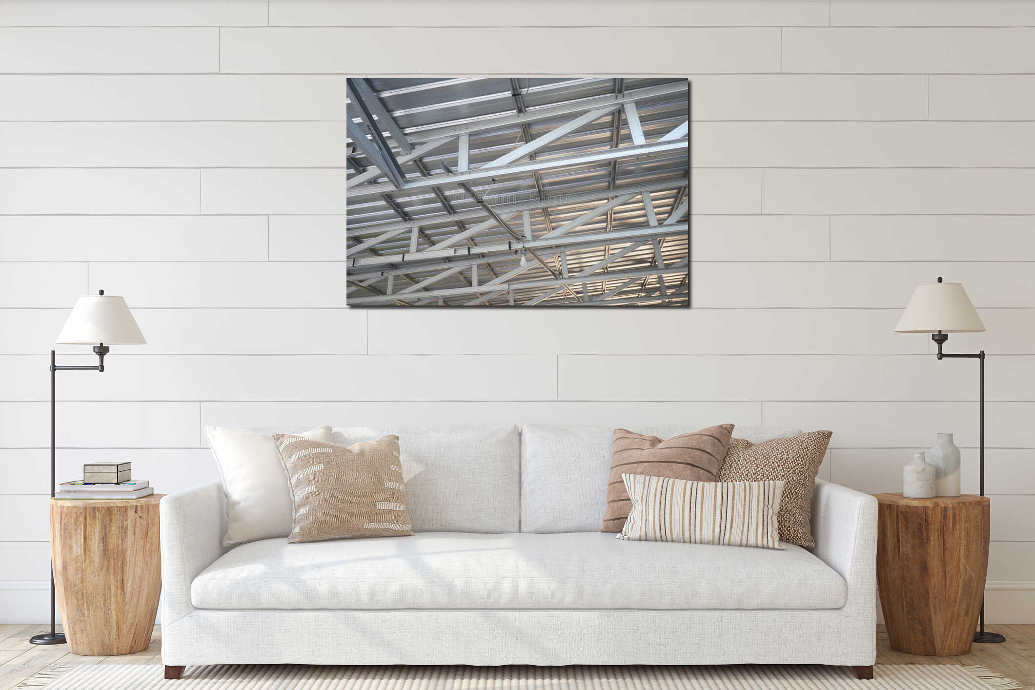 Modern industrial steel structure showing complex geometric ceiling design and construction elements interior mockup