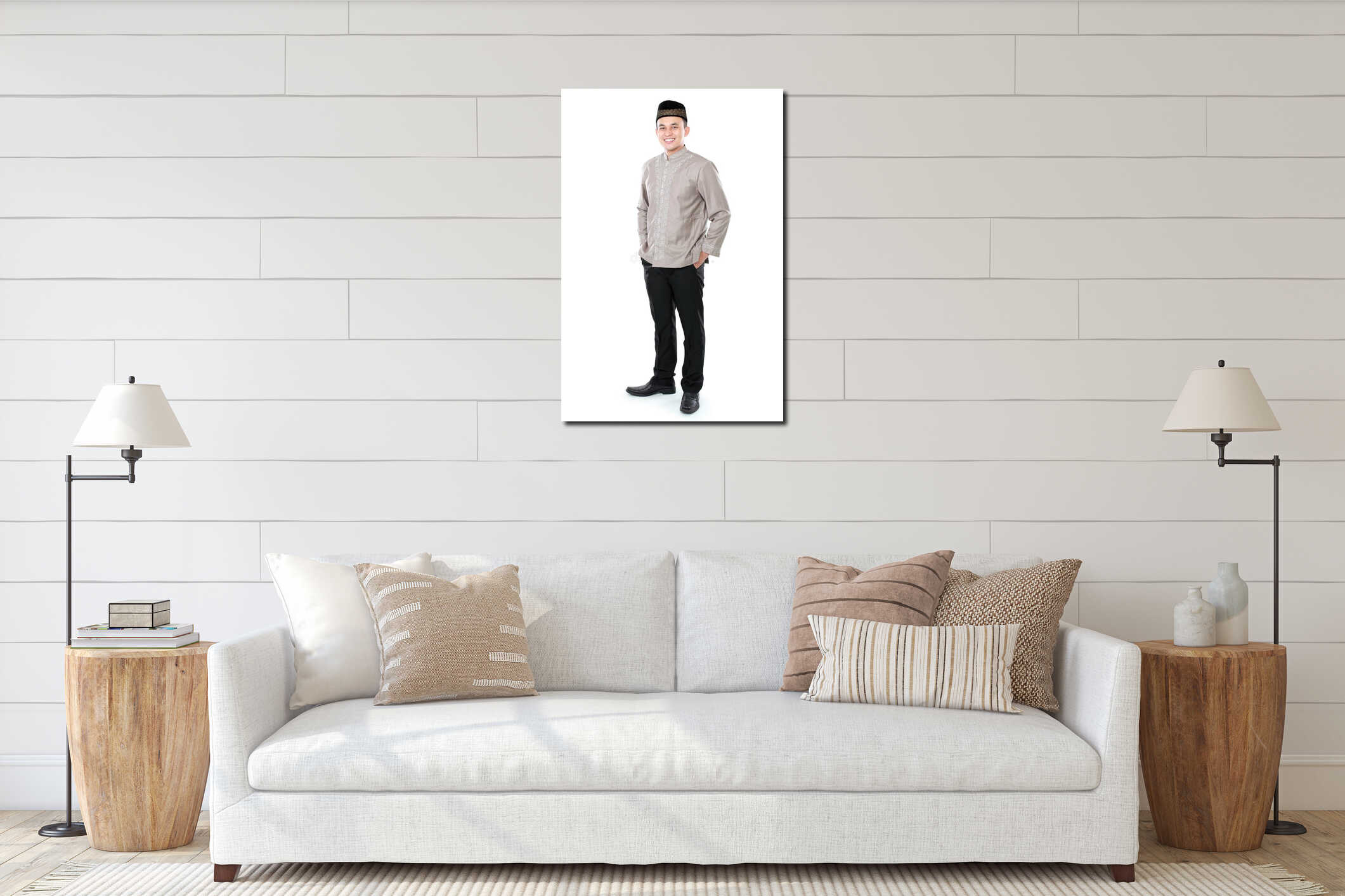 Smiling asian muslim man interior mockup