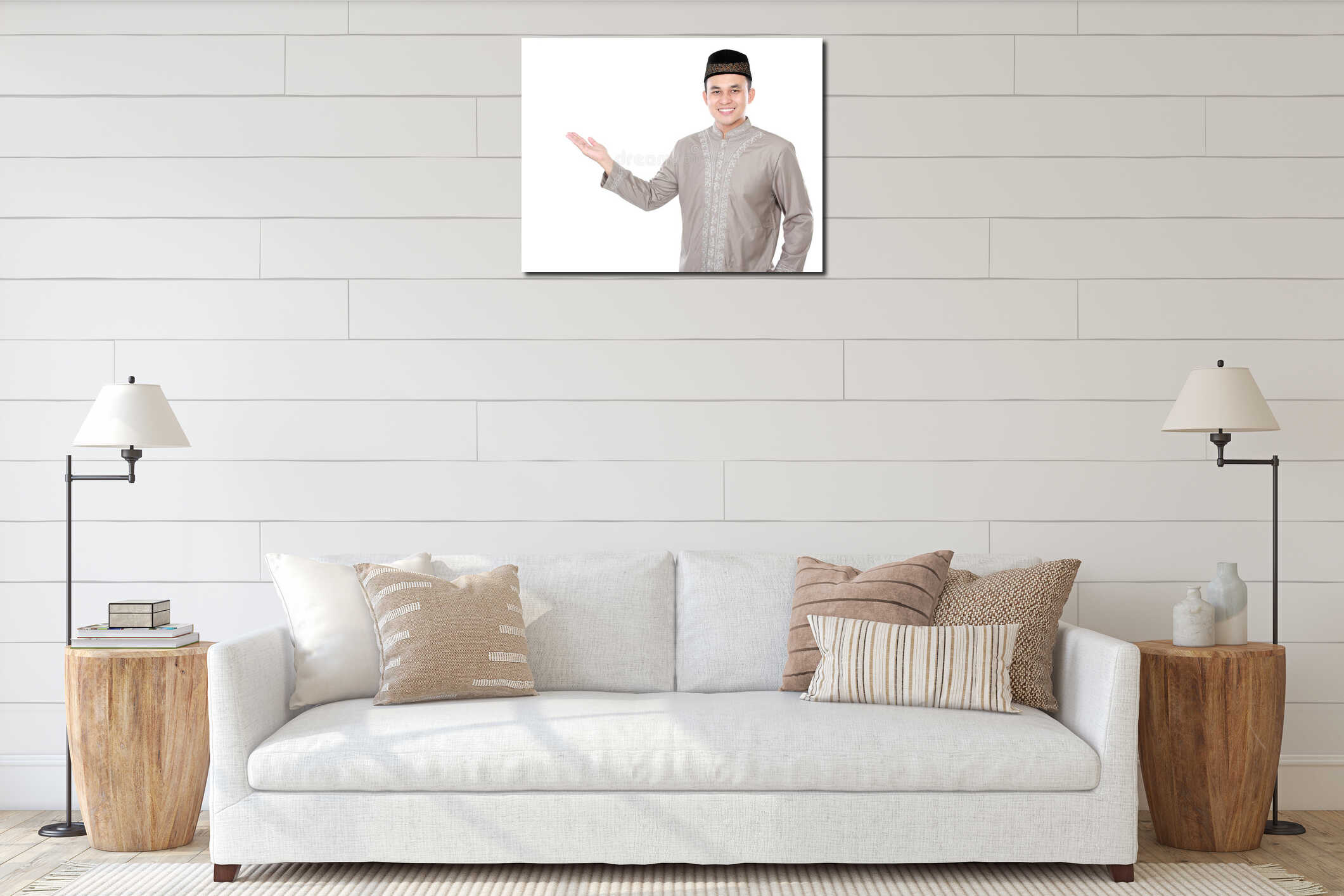 Smiling asian muslim man presenting copy space interior mockup