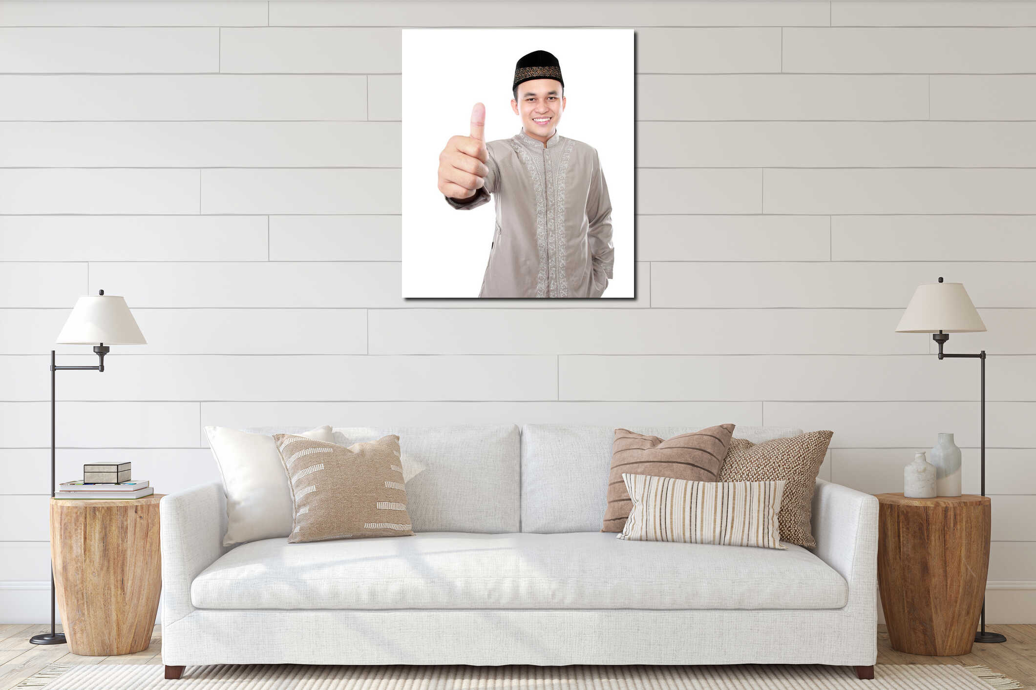Smiling asian muslim man showing thumb up interior mockup