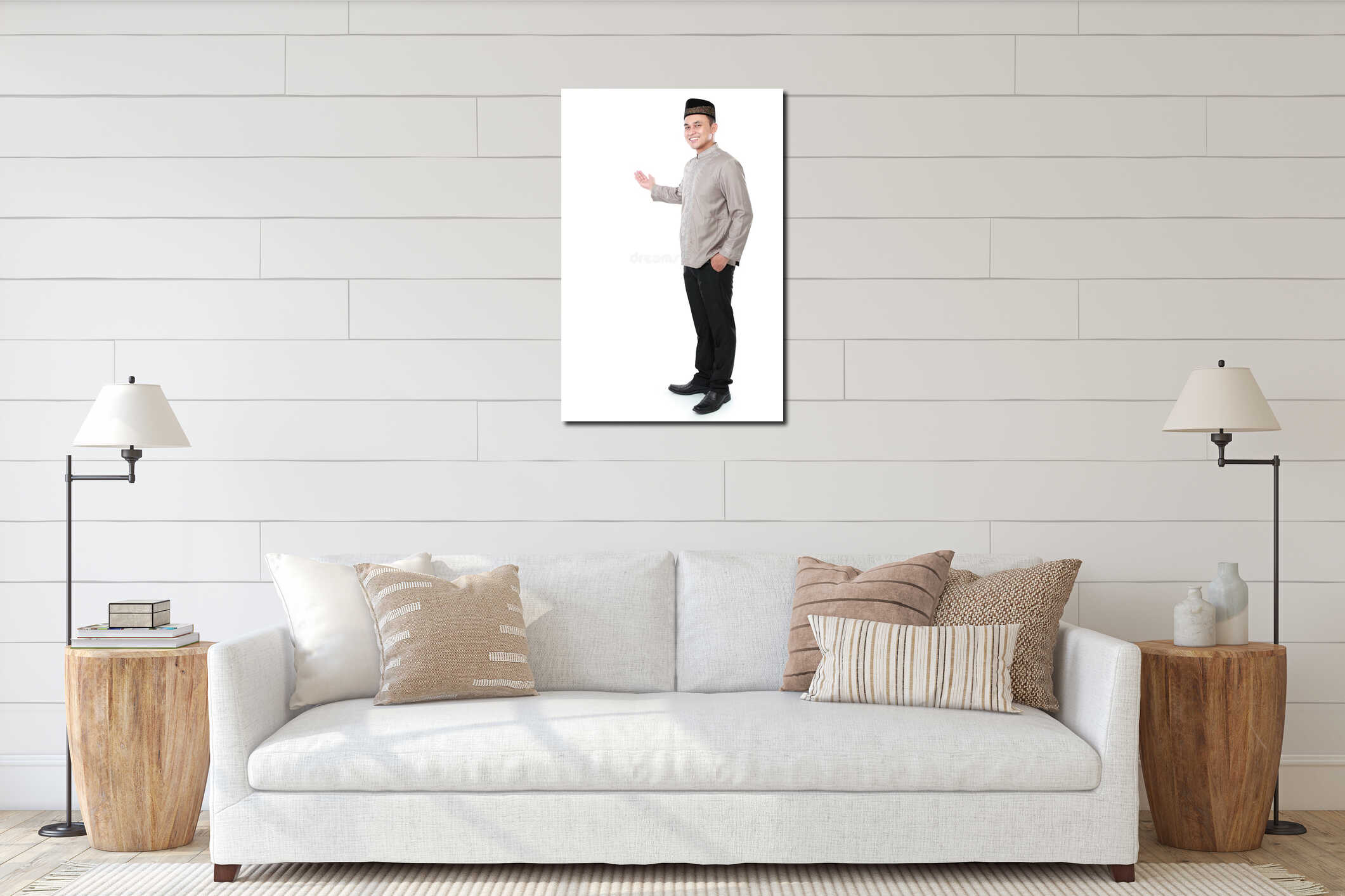 Smiling asian muslim man presenting copy space interior mockup