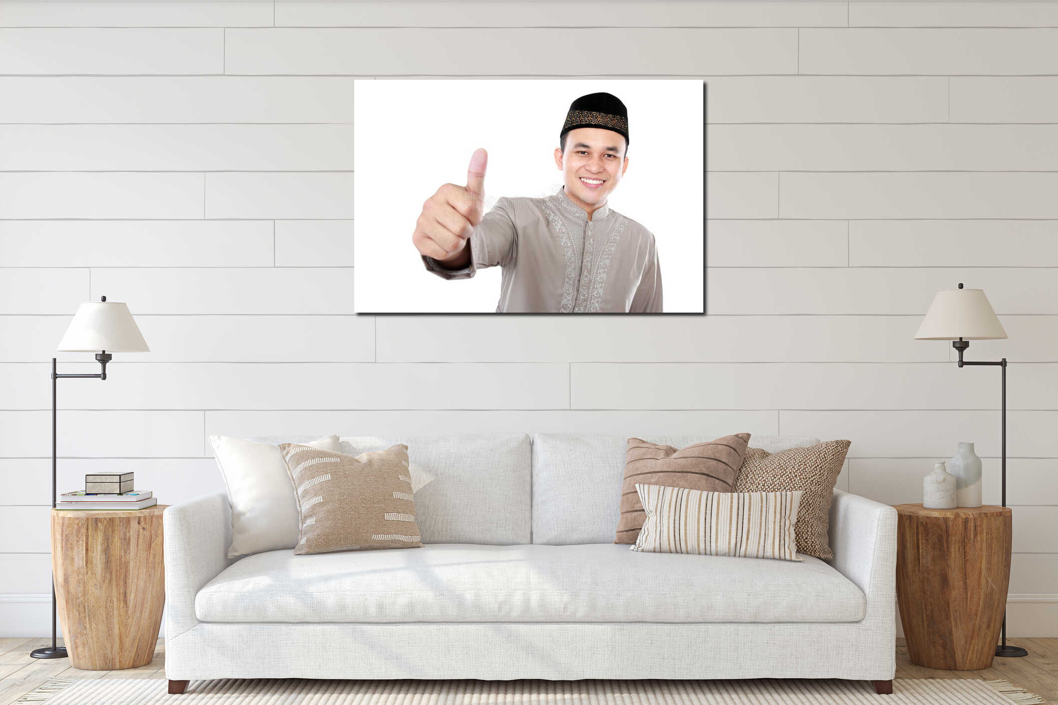Smiling asian muslim man showing thumb up interior mockup