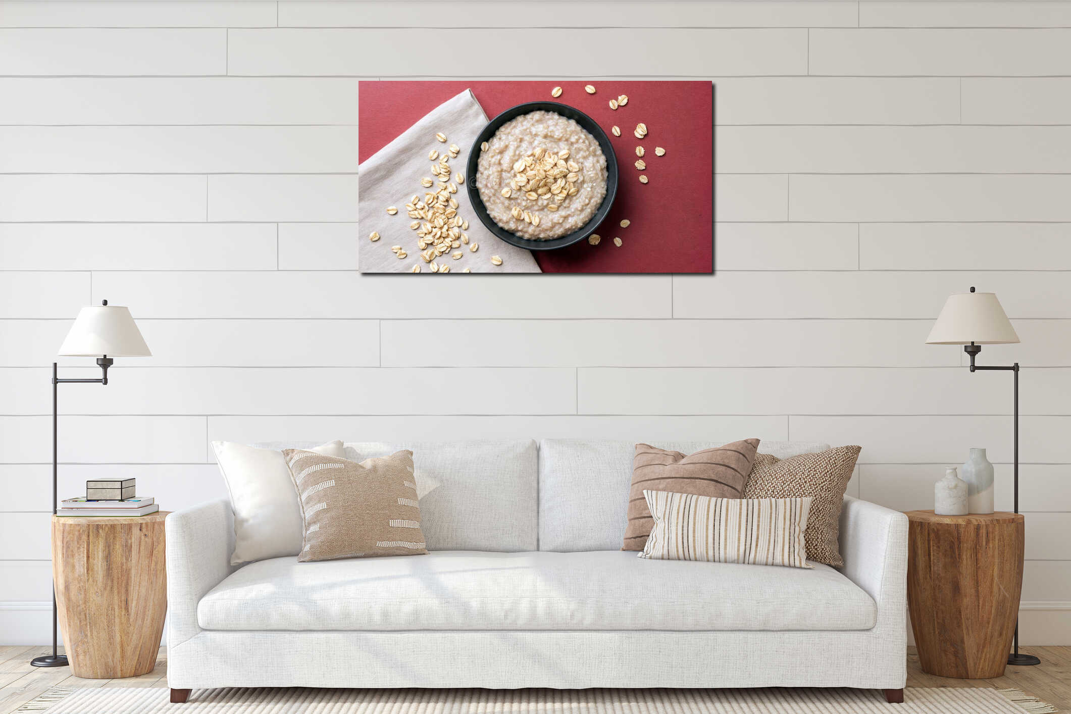 A simple top view of a bowl of oatmeal with raw oats on a bold red surface, suited for minimalist food styling, contrast interior mockup