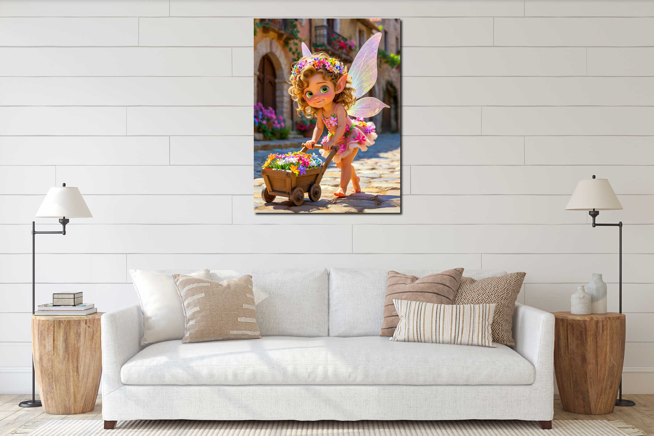 Enchanted fairy with a pink dress walking along an illuminated cobblestone street, 3D style digital illustration. interior mockup