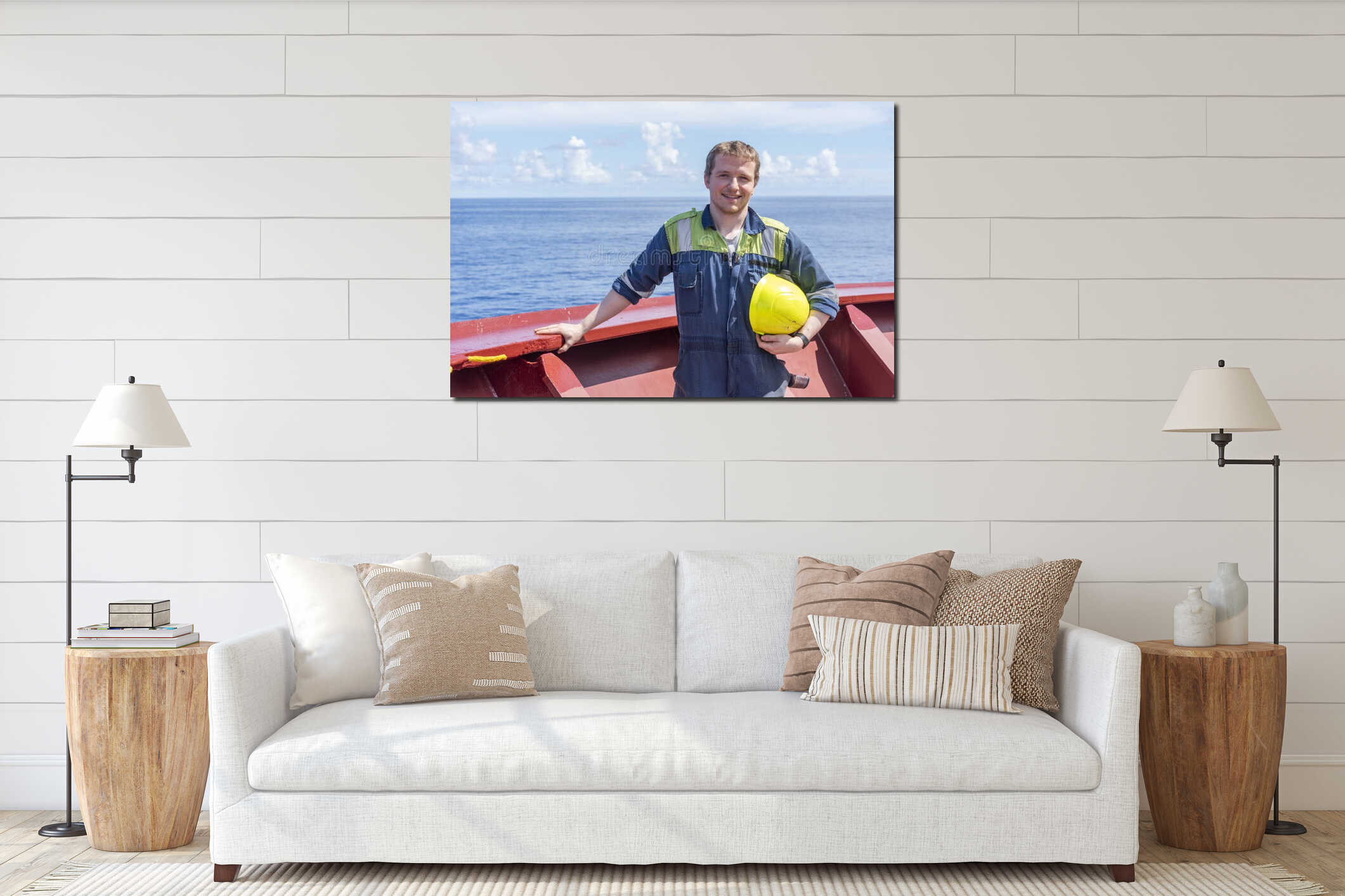 Portrait of the young man on deck of a large cargo container ship. interior mockup