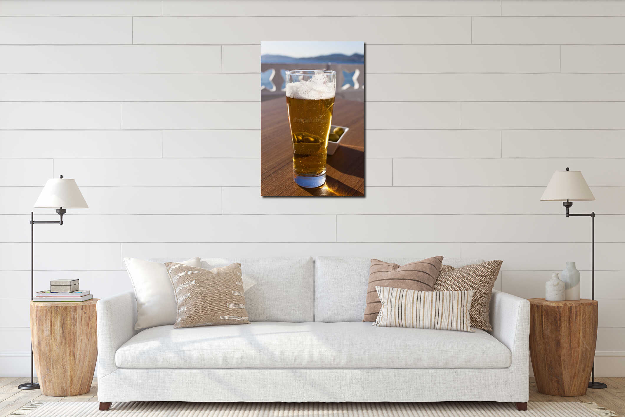 A glass of beer near the sea. interior mockup