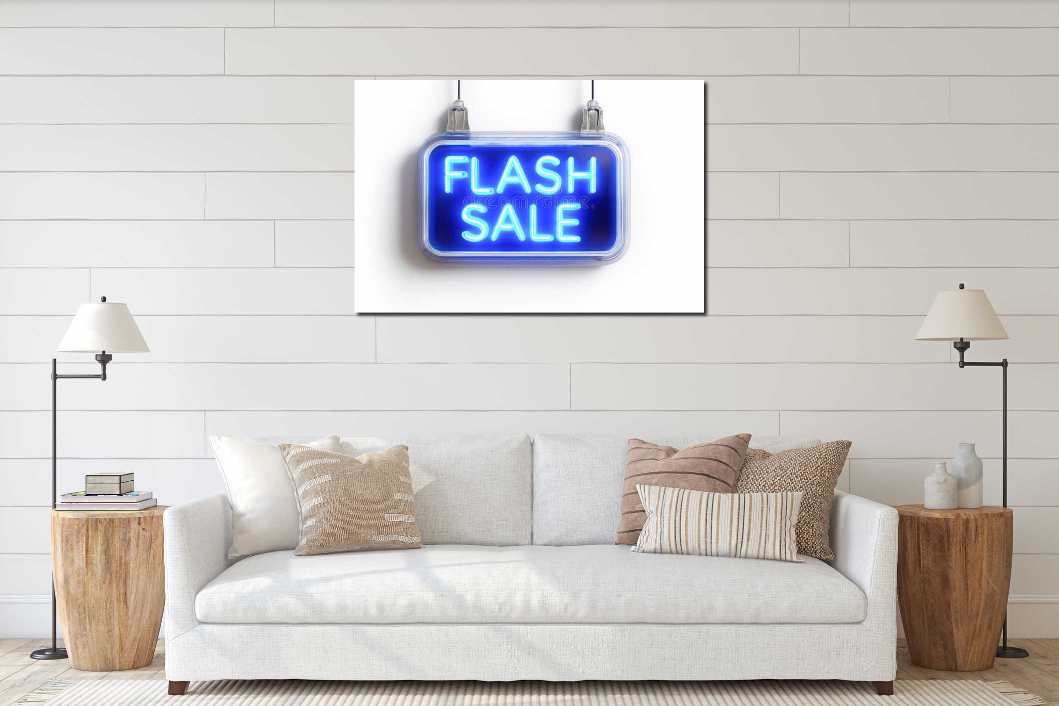 Bright blue neon sign with the text flash sale, designed to attract attention in retail environments interior mockup