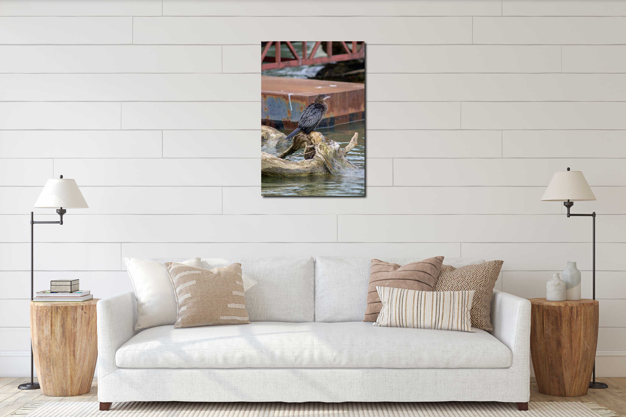 Cormorant Resting on Driftwood by the Lake interior mockup