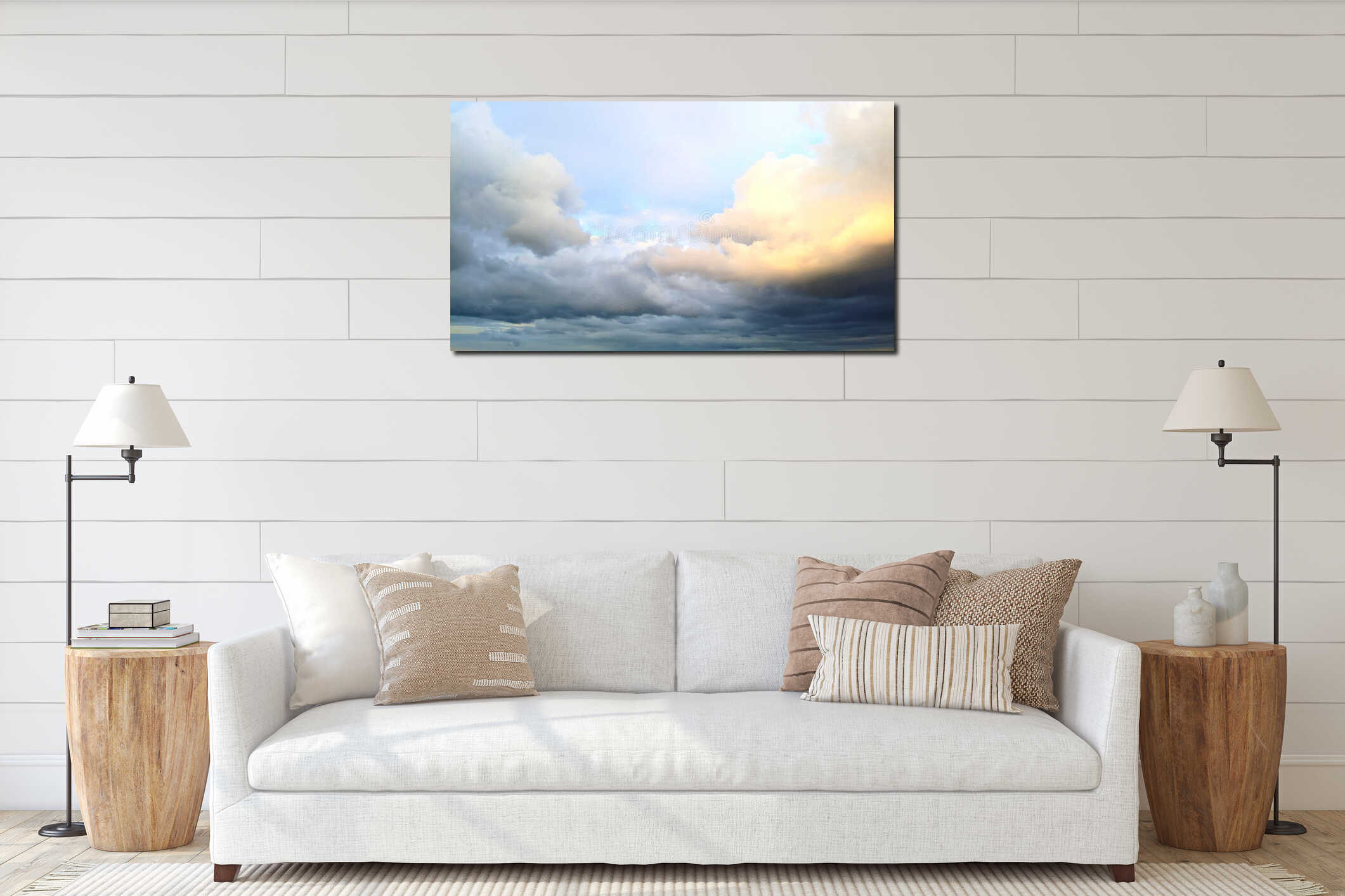 Dramatic cloudy sky with soft golden sunlight breaking through layers of thick evening clouds interior mockup