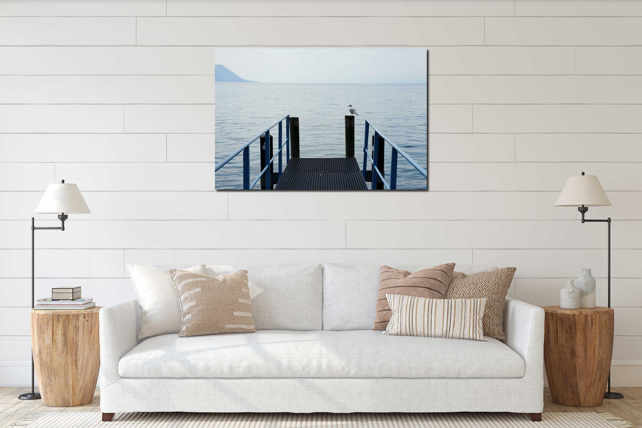 Pier with seagull and view of Lake Geneva, Monteux, Switzerland interior mockup