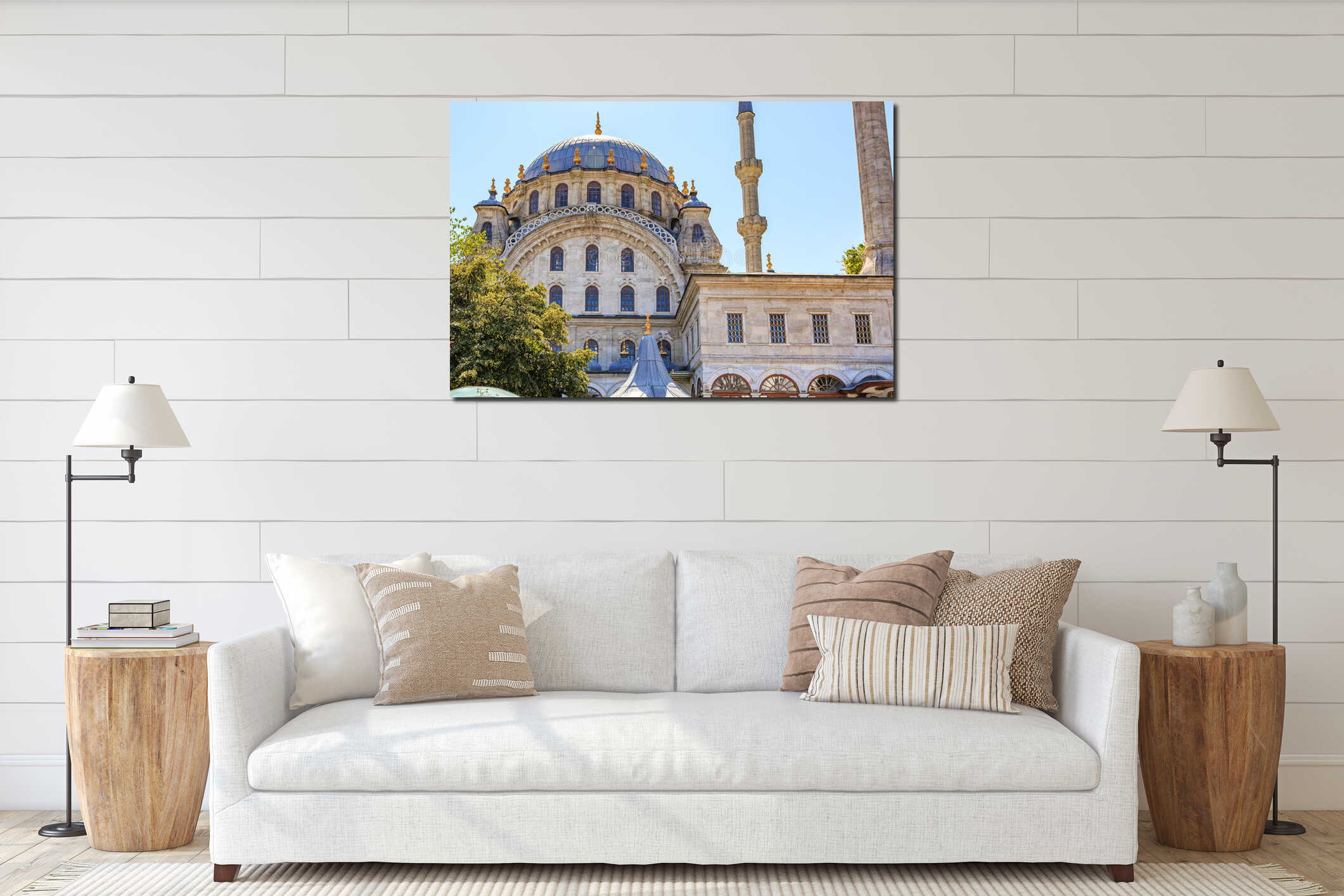 Ottoman architecture of istanbul mosque with blue domes and minarets interior mockup