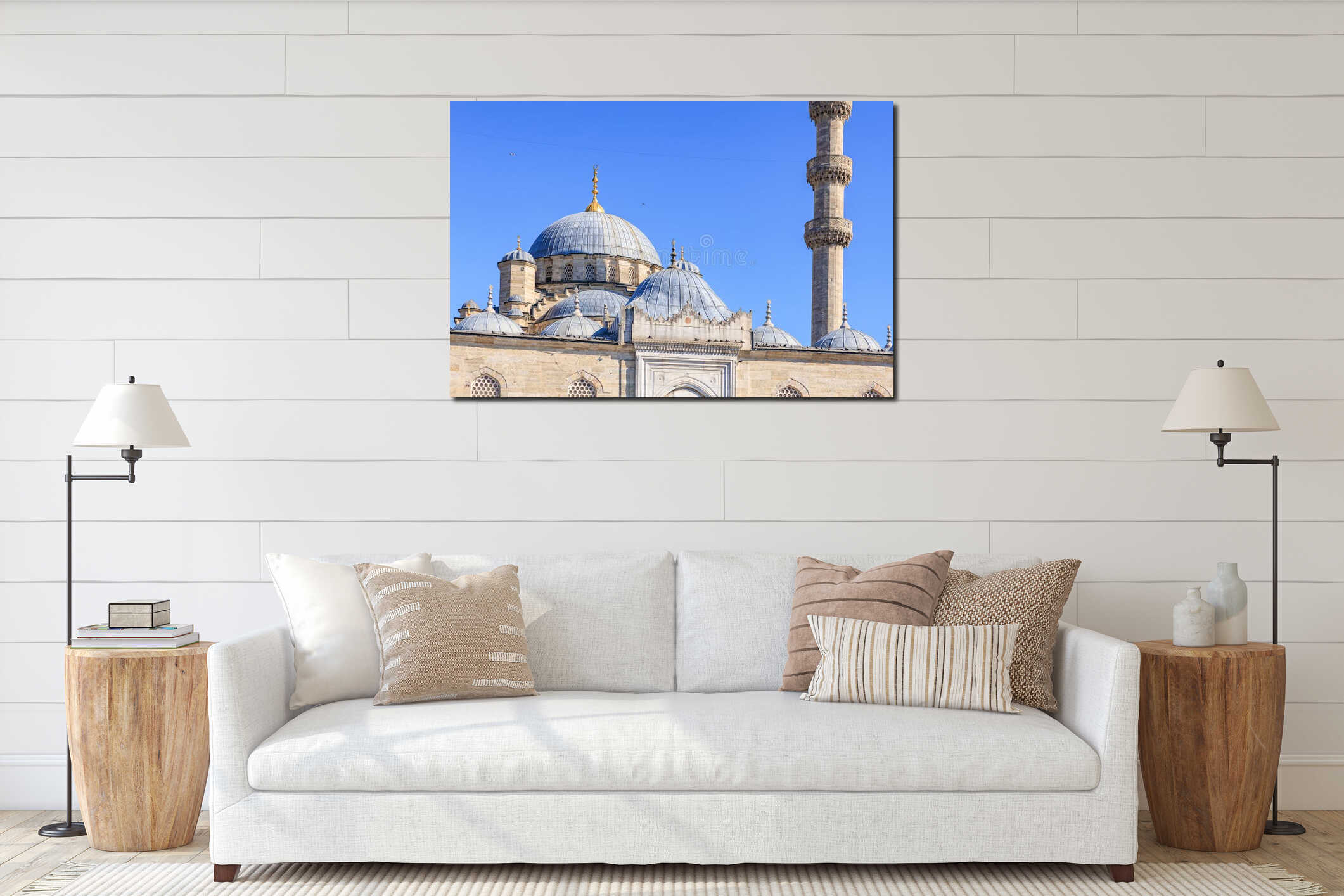 Ottoman architecture: domes and minaret of historic mosque against clear blue sky interior mockup