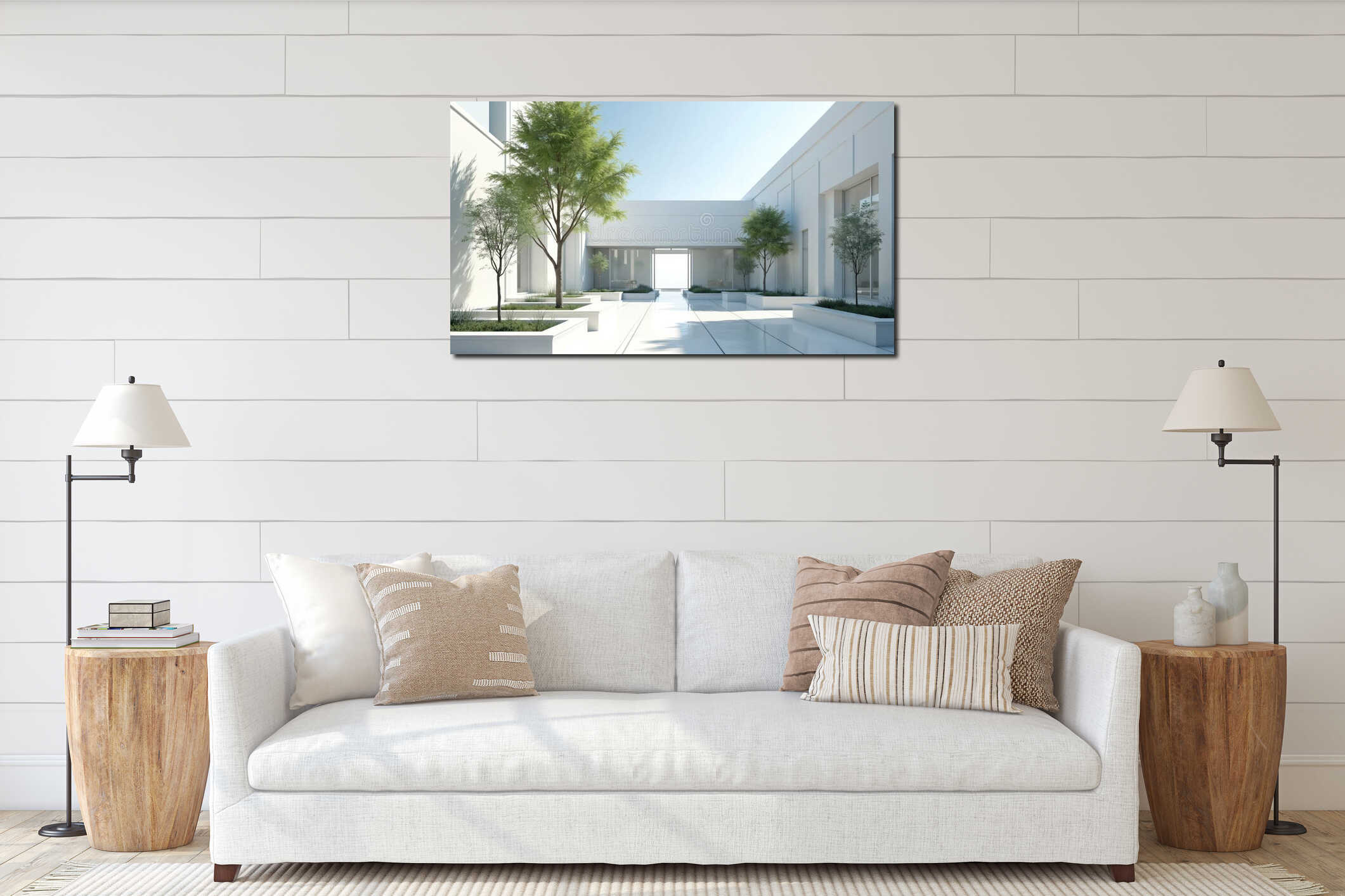 Modern white courtyard with geometric planters, trees, and bright sky. Clean architectural design features minimalist building interior mockup