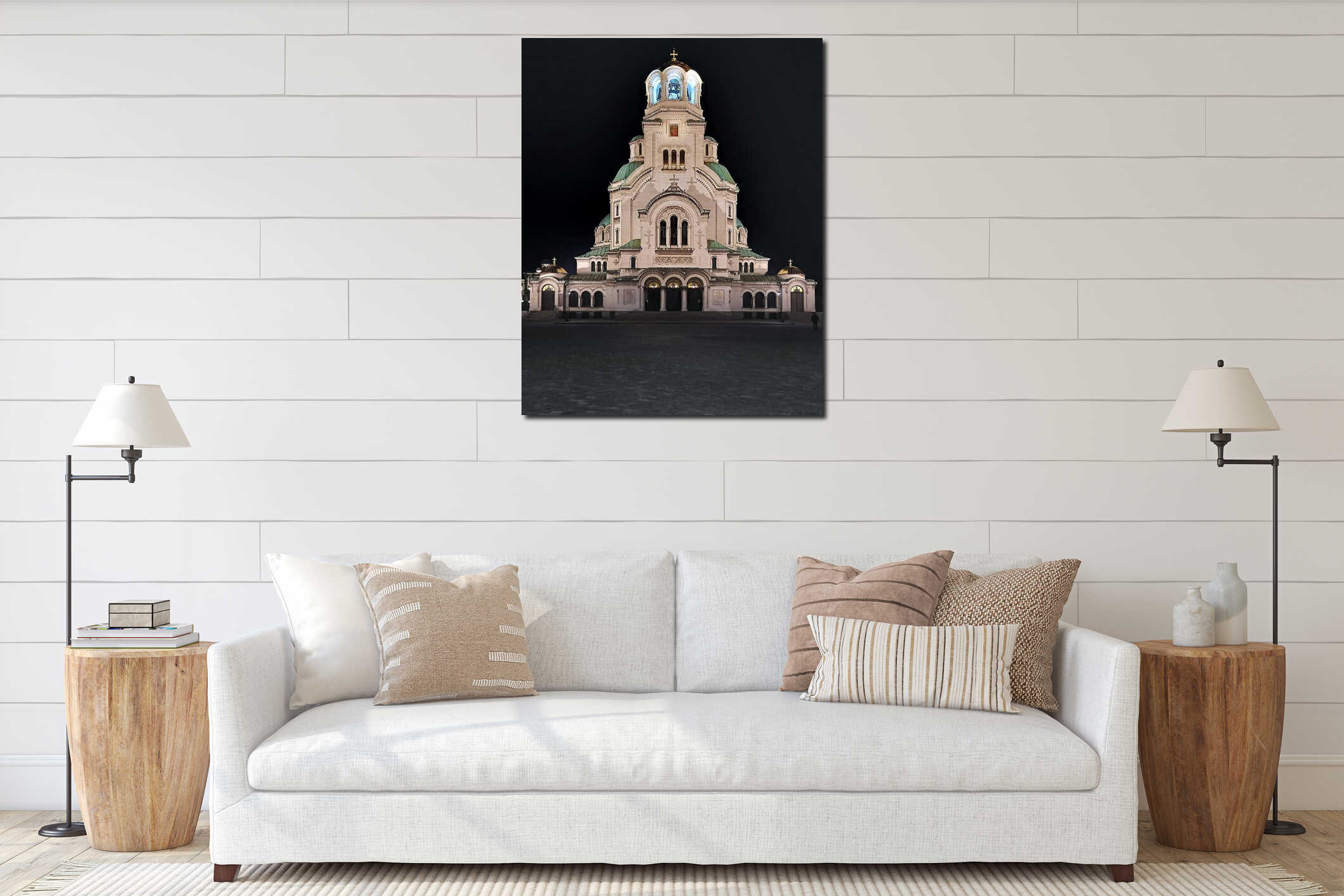 Patriarchal Cathedral St. Alexander Nevsky, west elevation, illuminated at night, Sofia, Bulgaria interior mockup