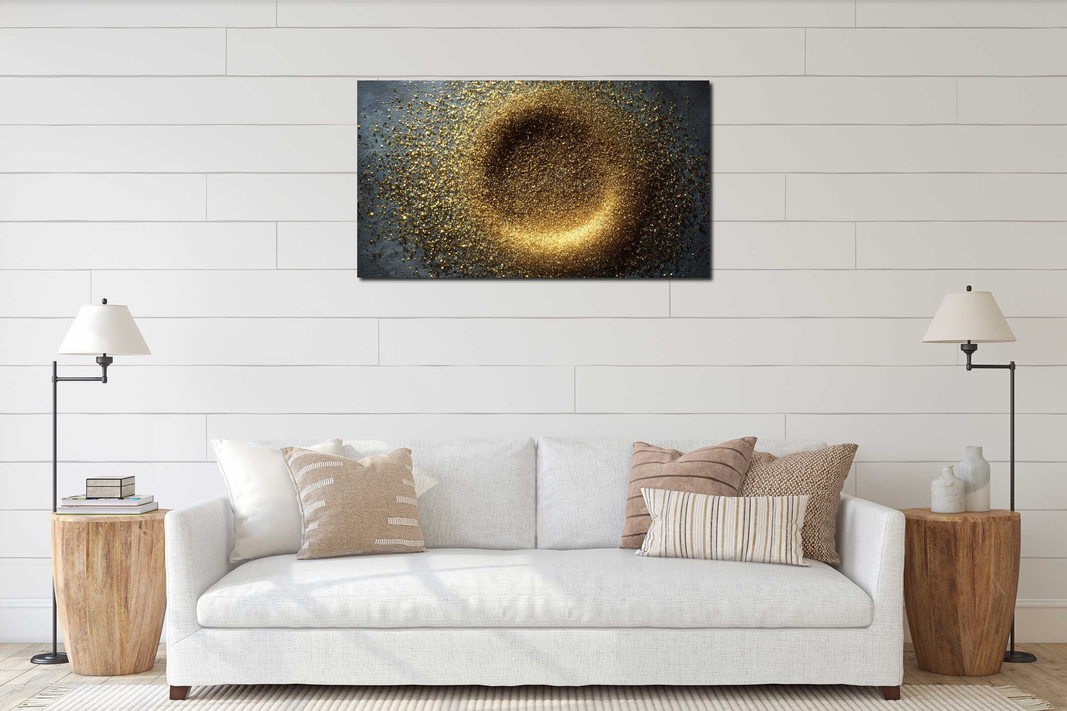 gold glitter circle of light shine sparkles and gold interior mockup