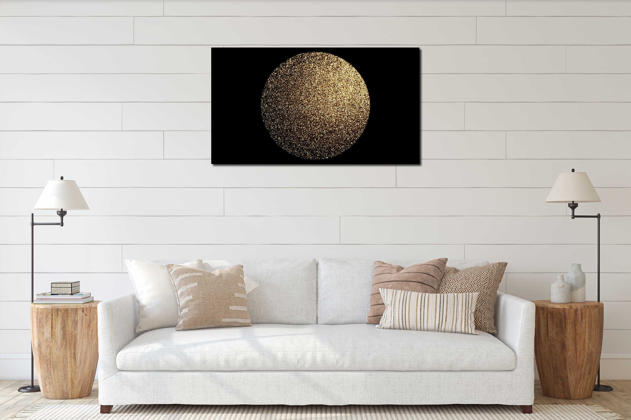 gold glitter circle of light shine sparkles and gold interior mockup