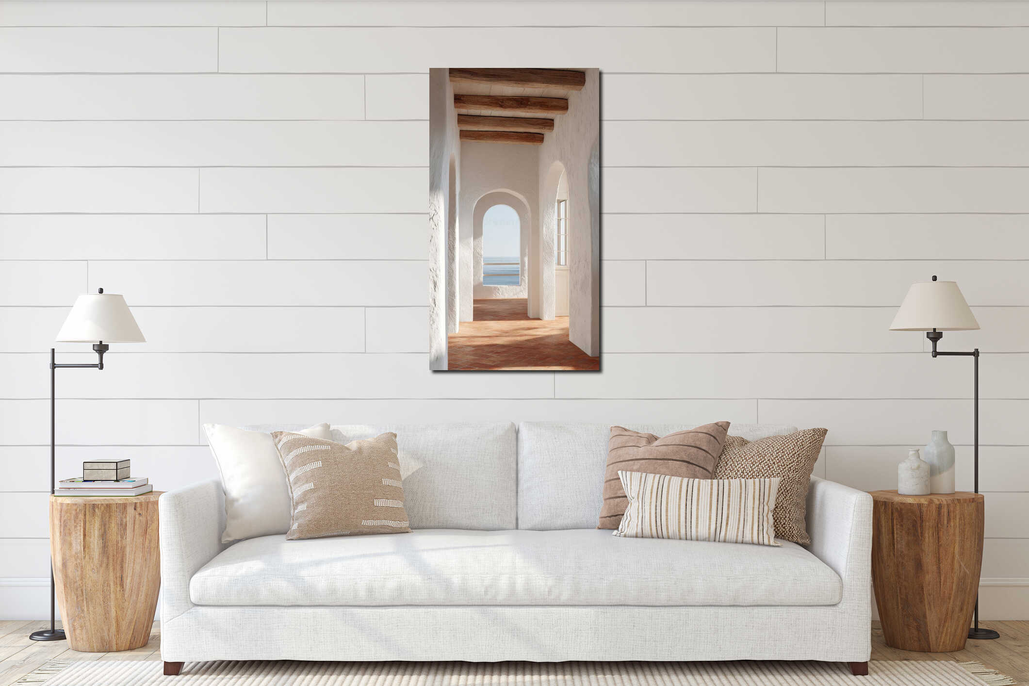 Mediterranean-Style Hallway With Arched Windows And Sea View. Tranquil Coastal Architecture interior mockup