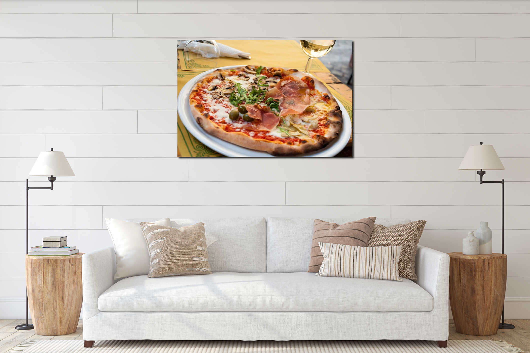 Italian pizza in street cafe interior mockup