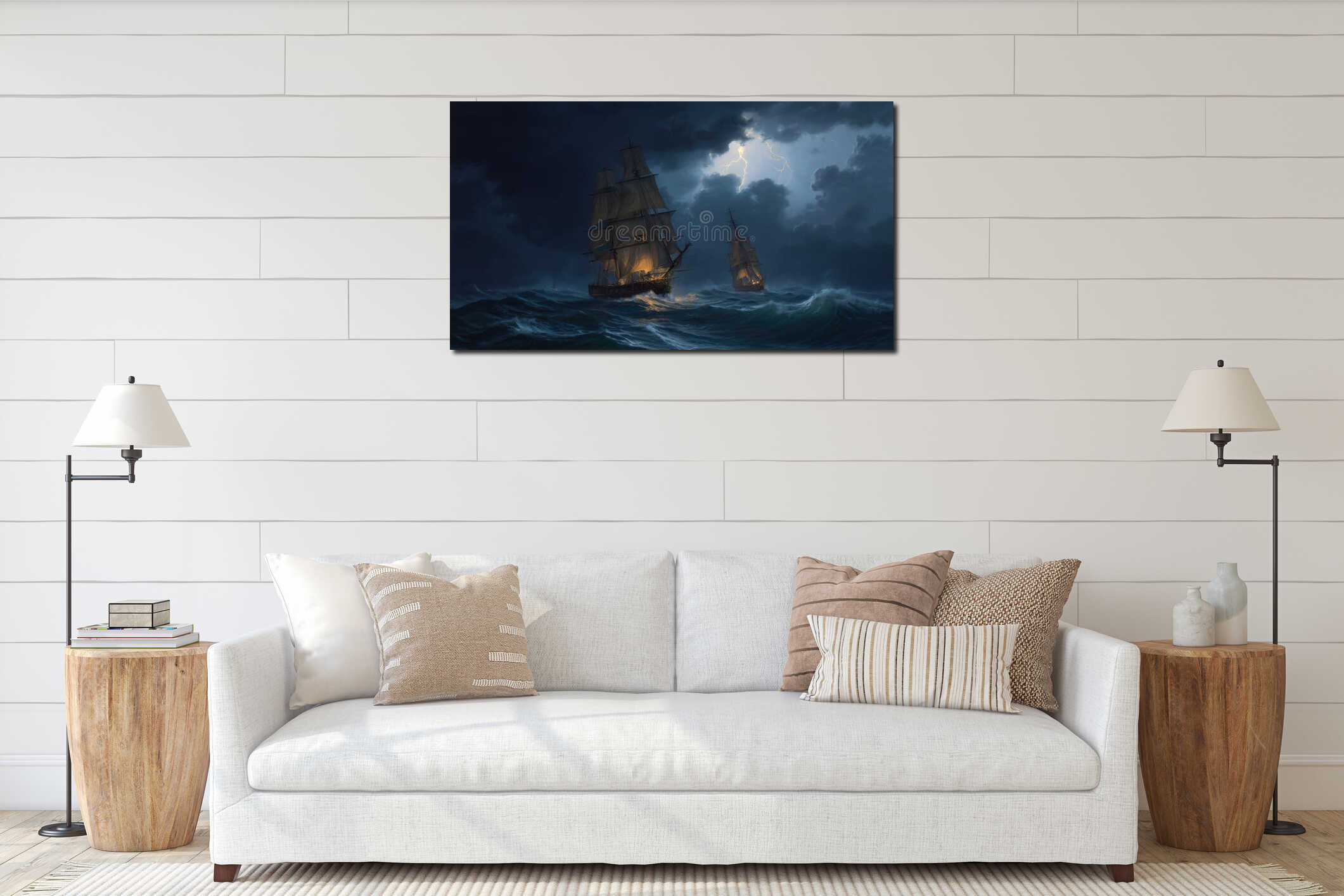 Dramatic scene of sailing ships navigating stormy seas under dark clouds and lightning interior mockup