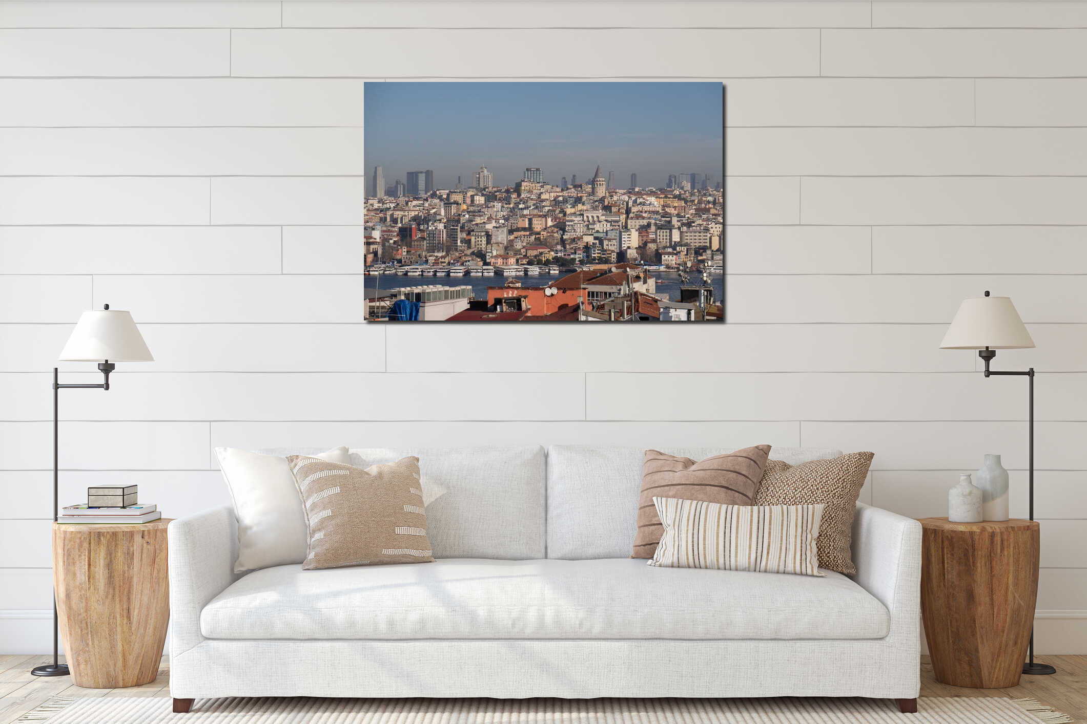 Istanbul Skyline Panoramic View Cityscape Turkey: Distant buildings, harbor, winter day. interior mockup
