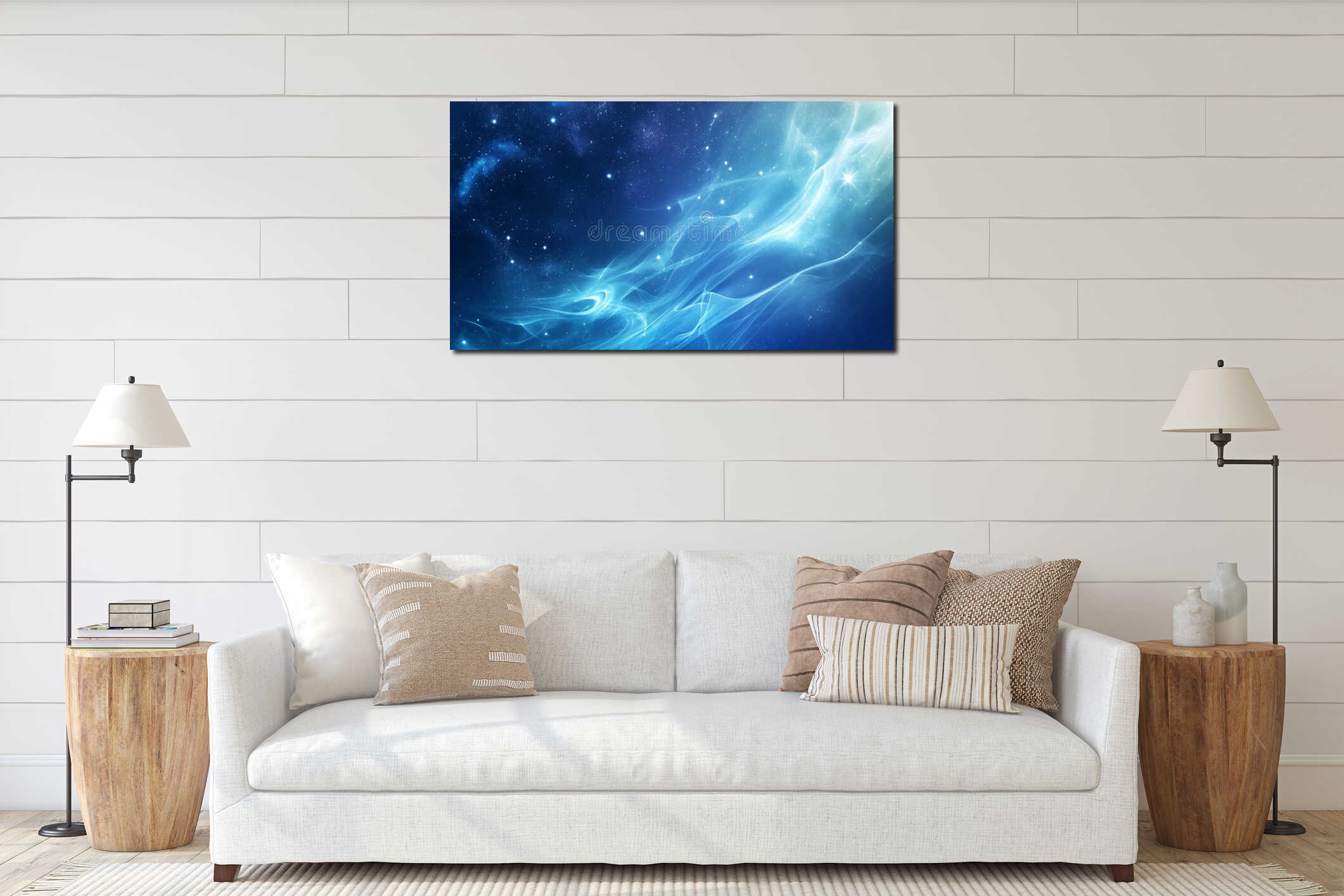 Bright blue glowing nebula in outer space with sparkling stars, abstract cosmic background interior mockup