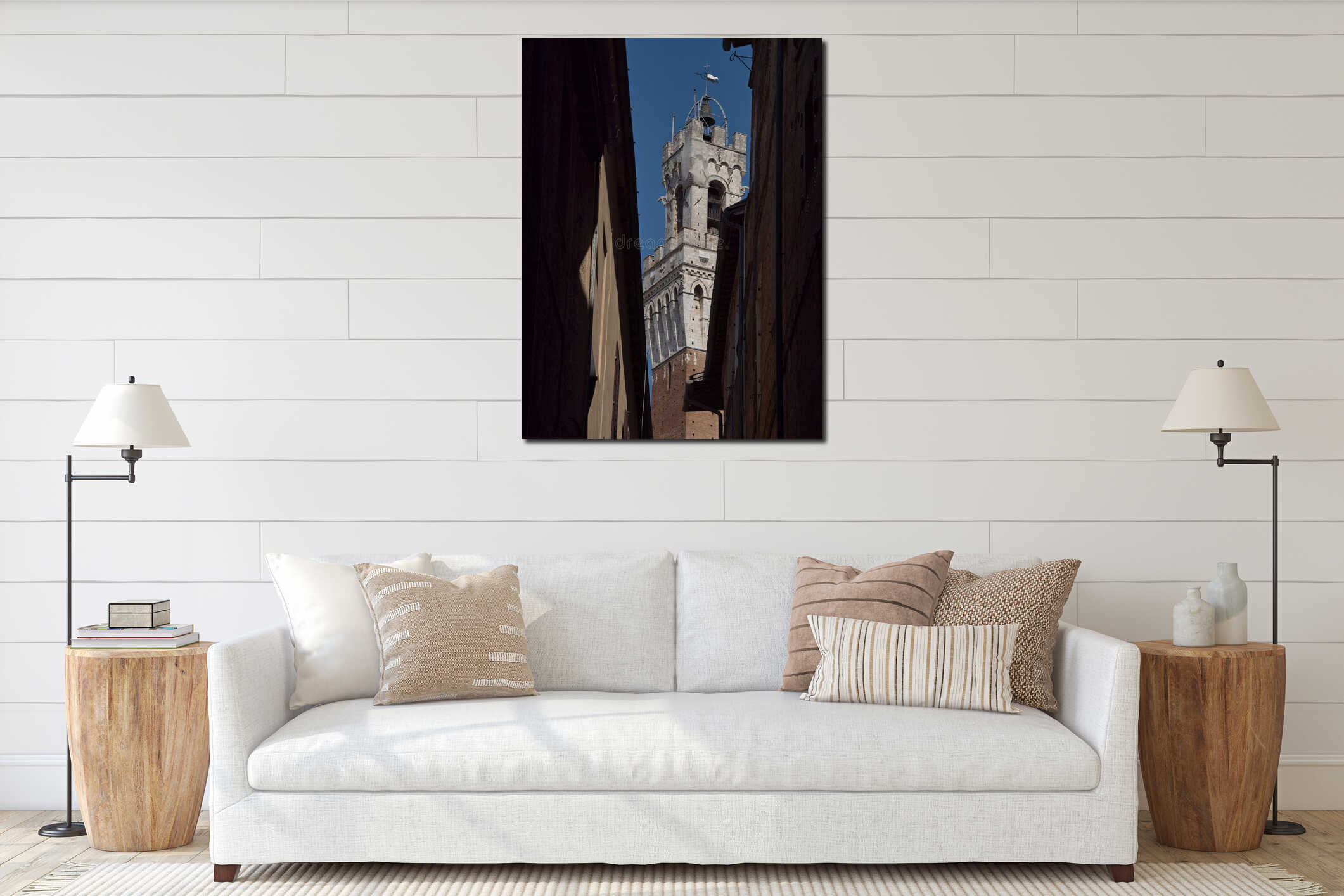 Torre del Mangia Framed by Narrow Siena Alley - Dramatic, vertical low-angle view of the white stone and brick Torre del Mangia interior mockup