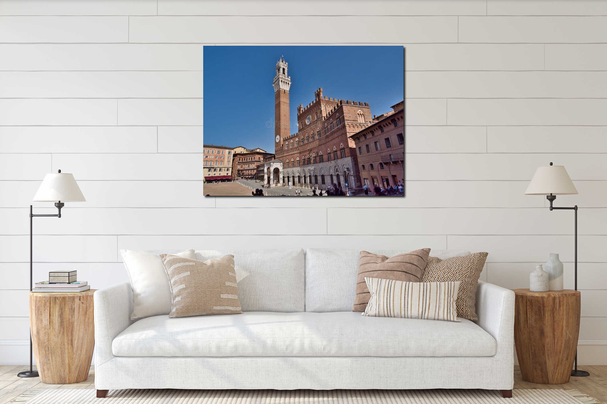 Torre del Mangia and Palazzo Pubblico in Piazza del Campo - Wide, low-angle view of the towering, red-brick palace and clock tower interior mockup