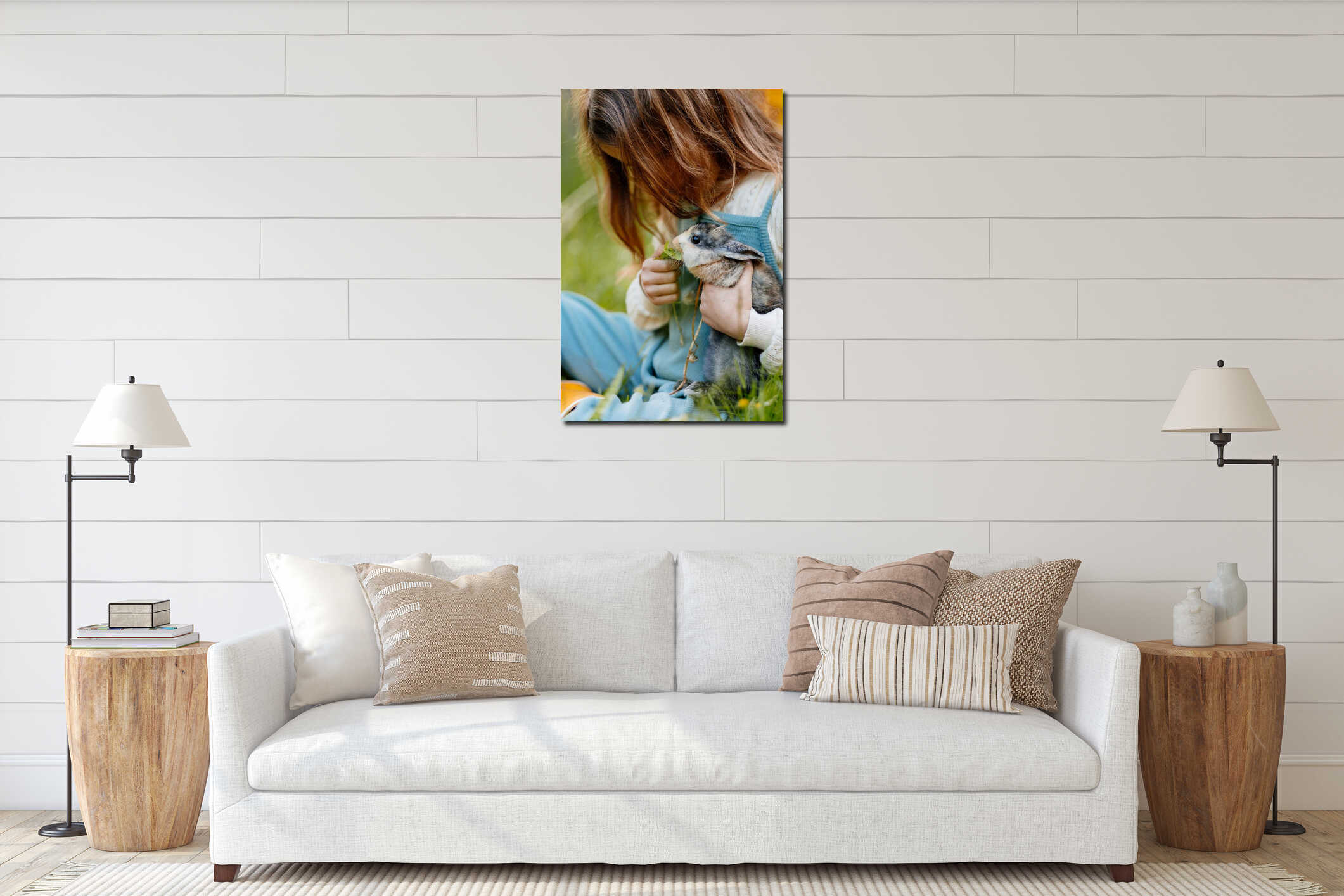 Young girl feeding pet bunny with vegetable leaves. interior mockup