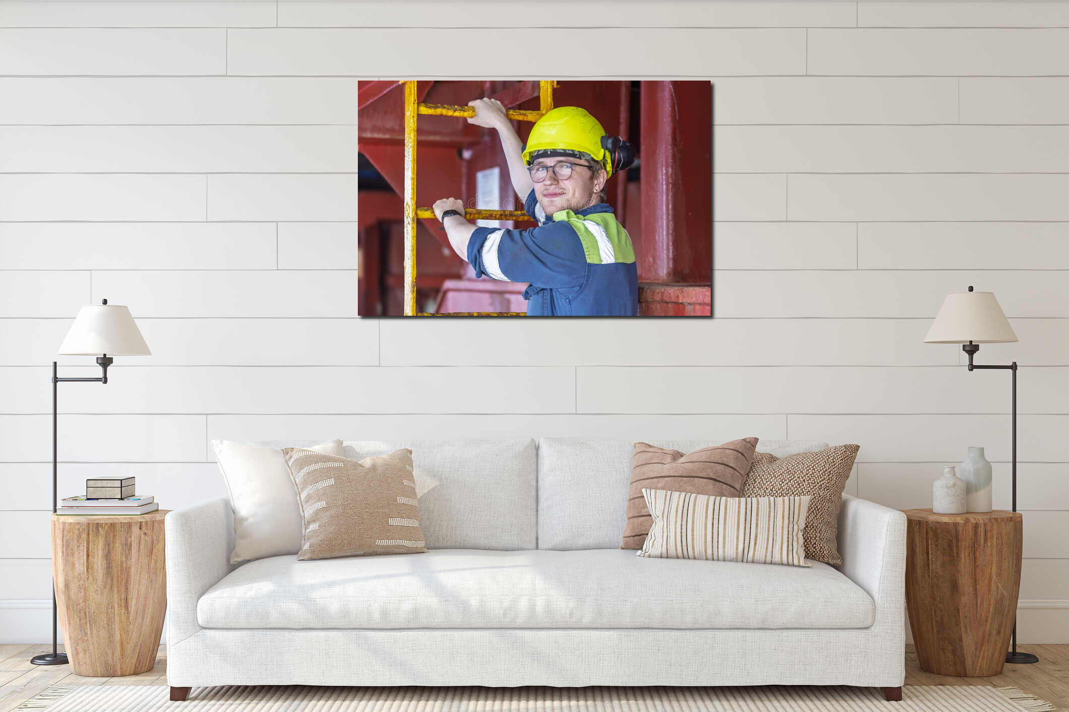 Portrait of the young marine engineer officer on board of the large cargo container ship. interior mockup
