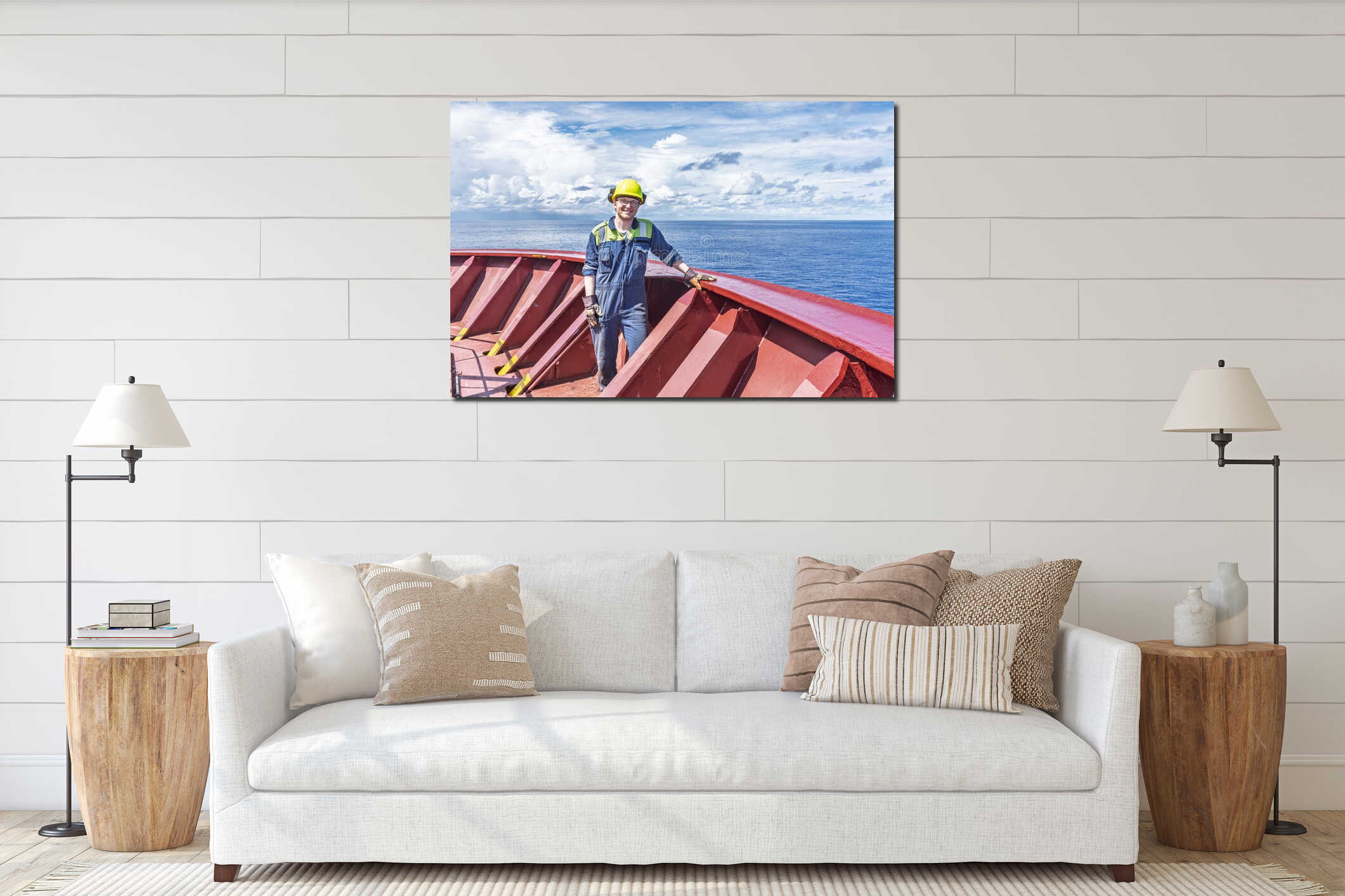 Portrait of the young man on deck of a large cargo container ship. interior mockup