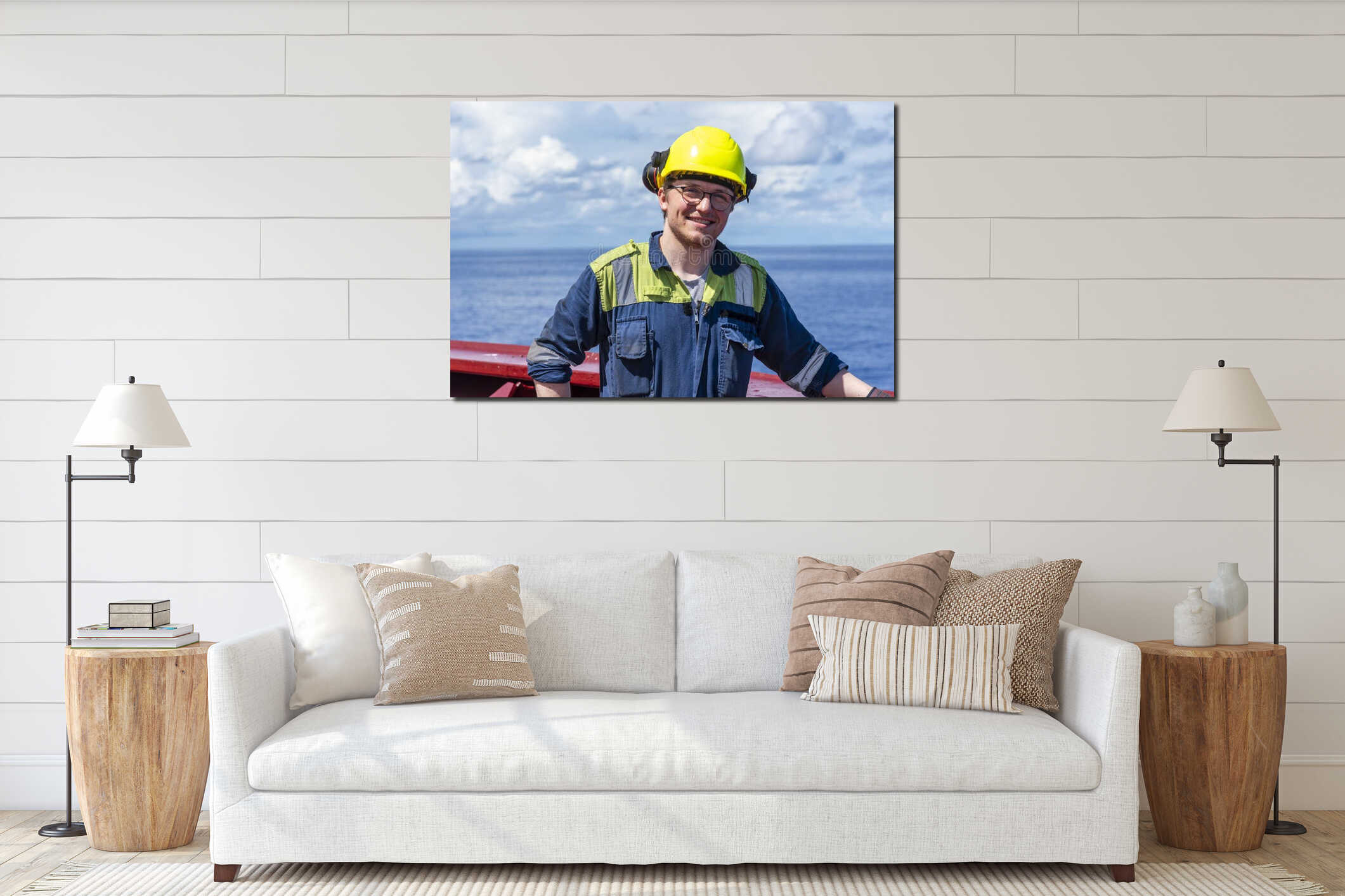 Portrait of the young man on deck of a large cargo container ship. interior mockup
