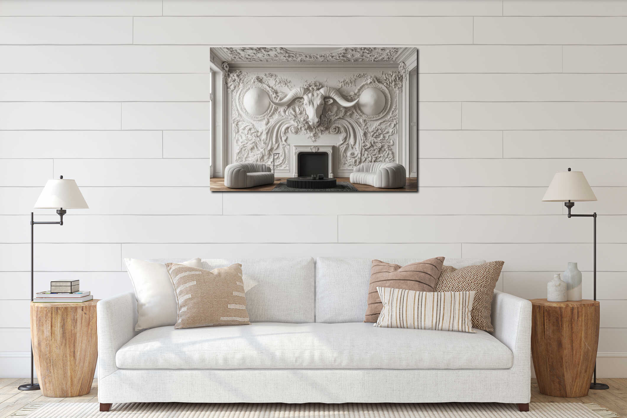 Modern lounge living room with a grey interior and atmospheric fireplace interior mockup