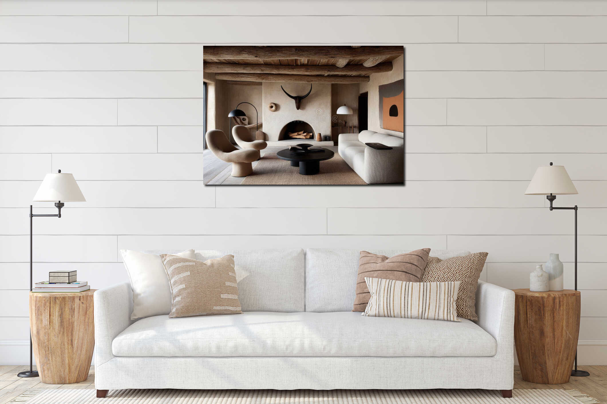 The living room features a modern and atmospheric lounge with a grey interior fireplace interior mockup