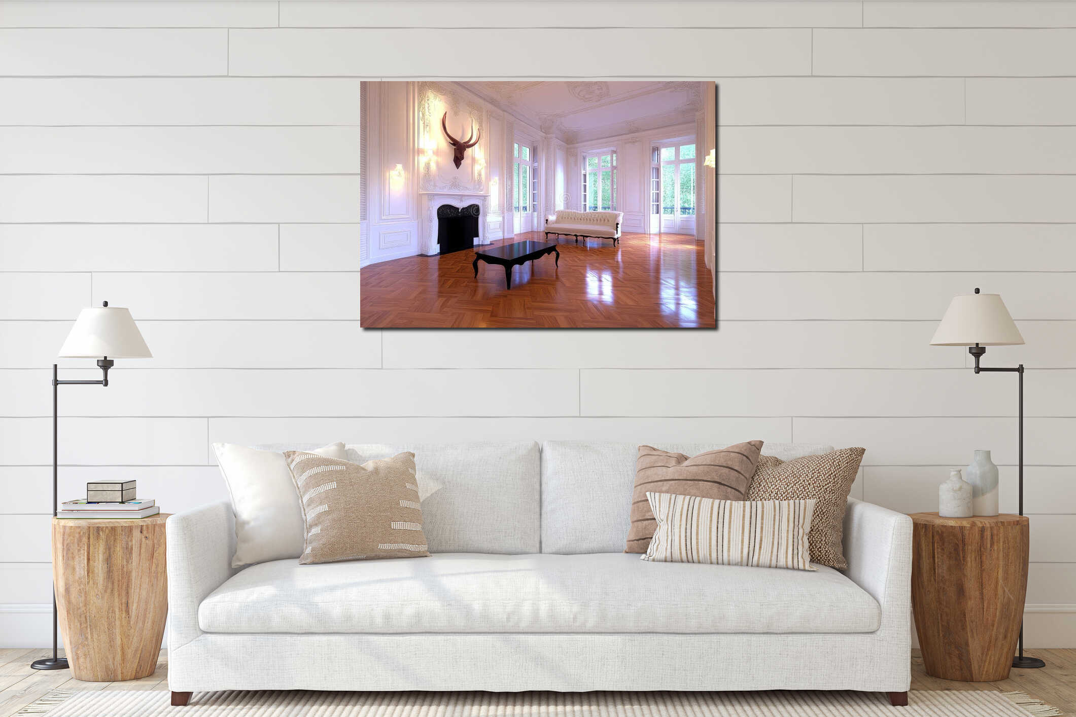 This modern living room boasts an atmospheric lounge and grey interior fireplace interior mockup